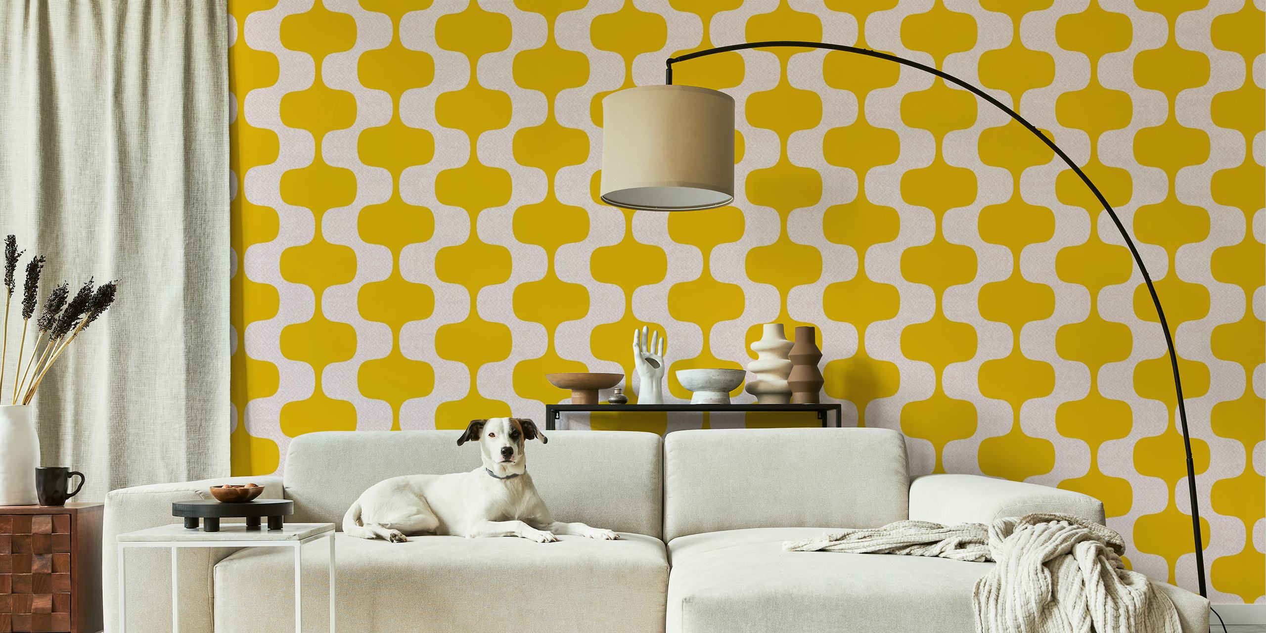 Bold yellow wavy stripes wallpaper in a room