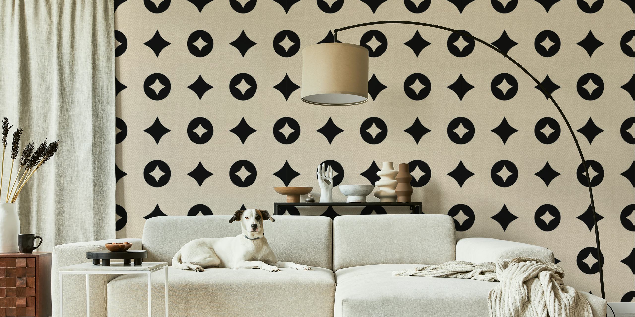 Tan black geometric starburst pattern wallpaper