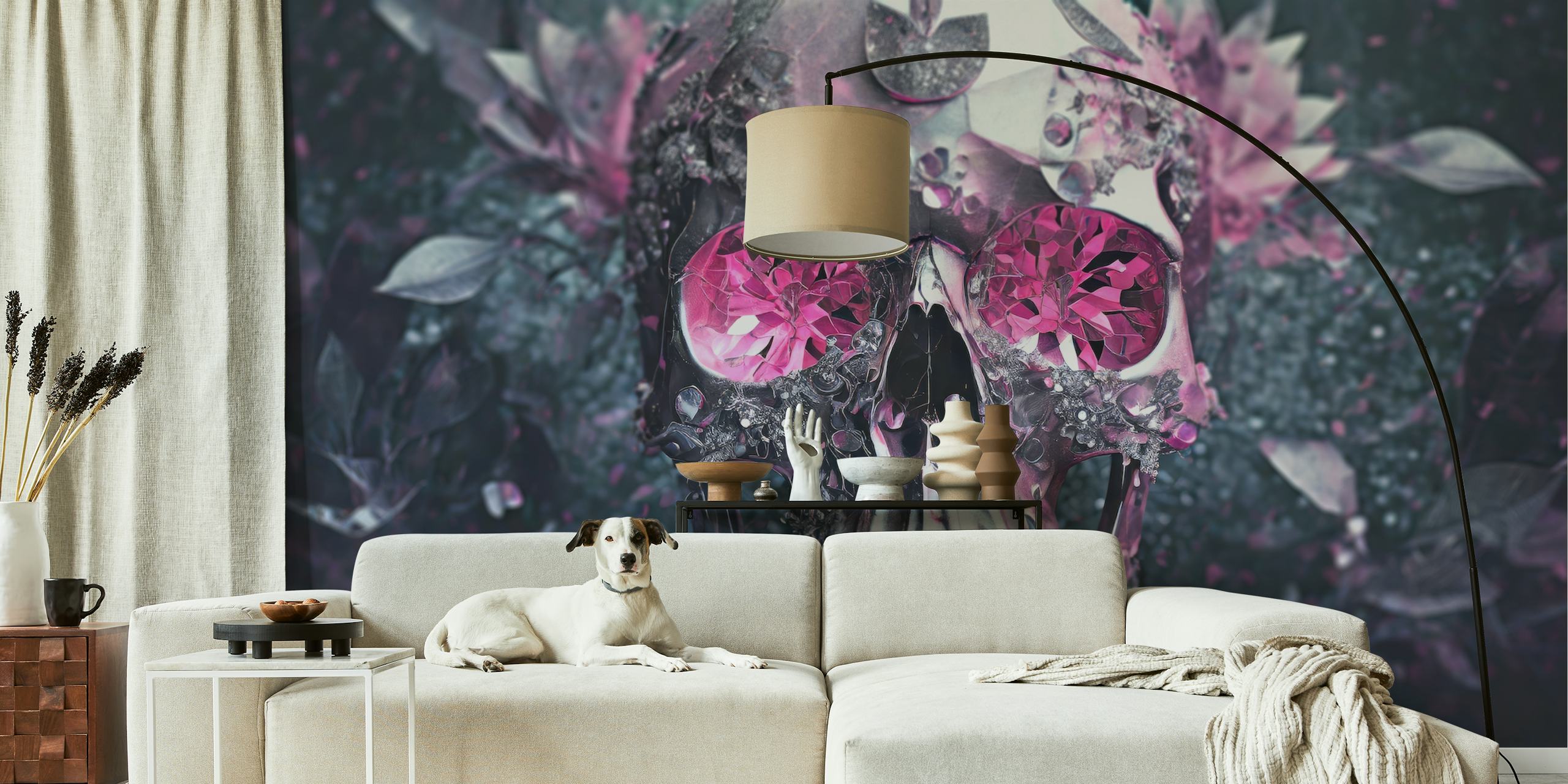 Pink skull design with gem-like eyes and floral elements in dark background wallpaper