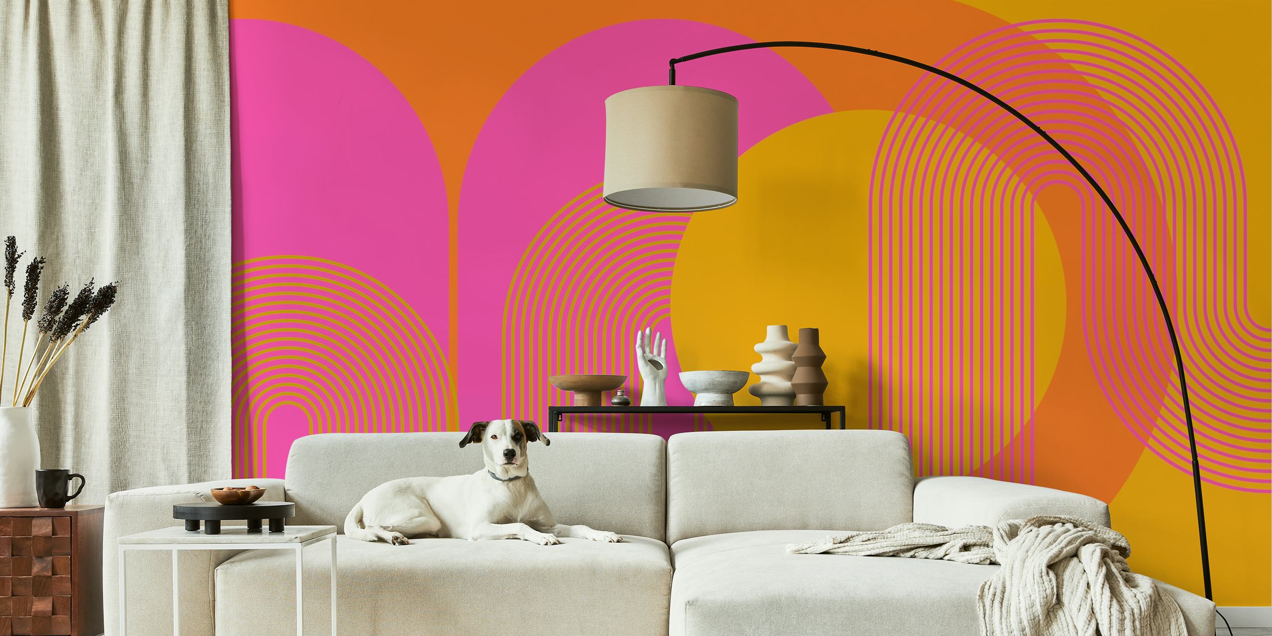Colorful retro abstract wallpaper with pink, orange, yellow shapes and line patterns