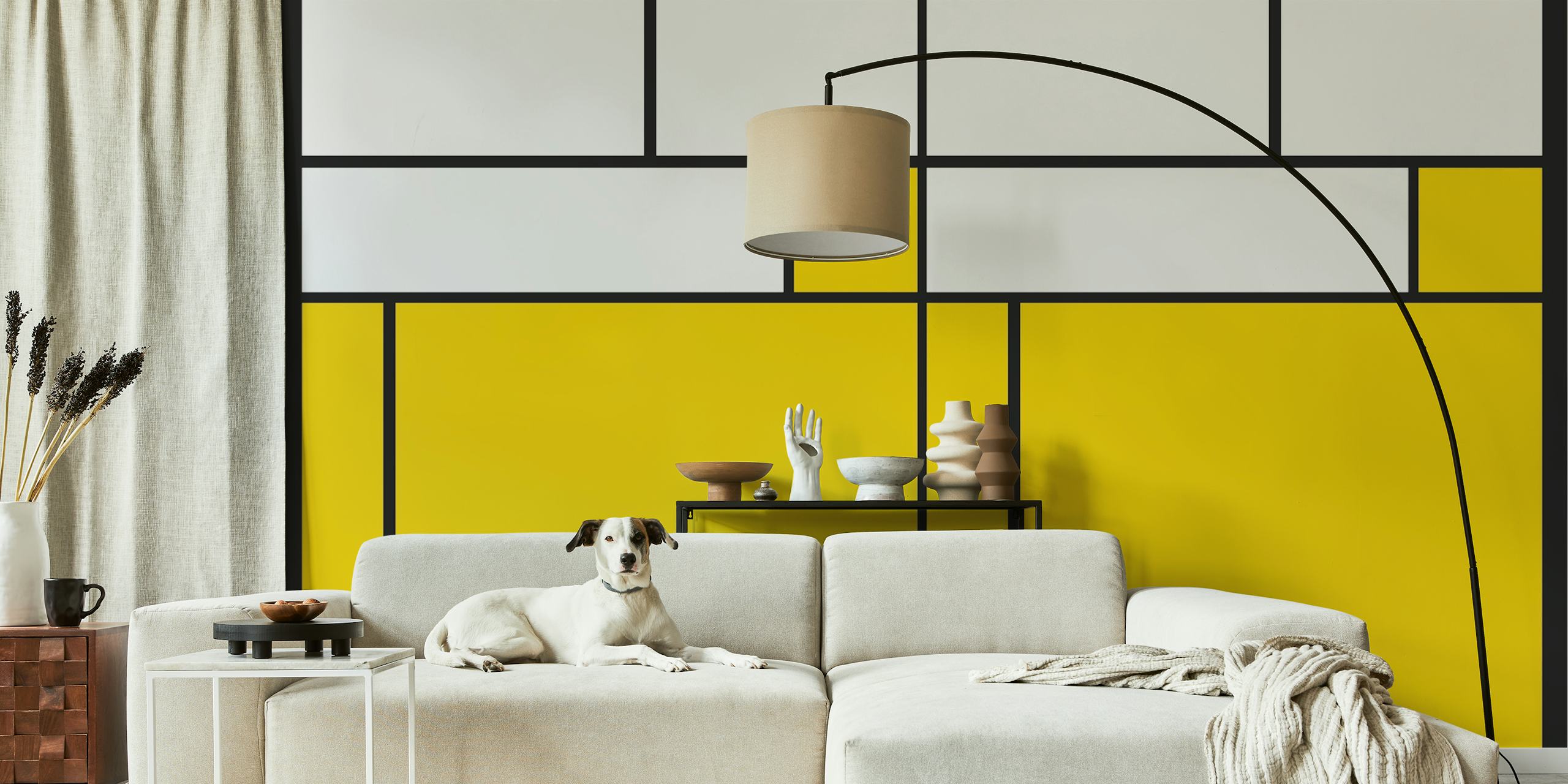 Geometric pattern wallpaper in yellow, white, and black Bauhaus style
