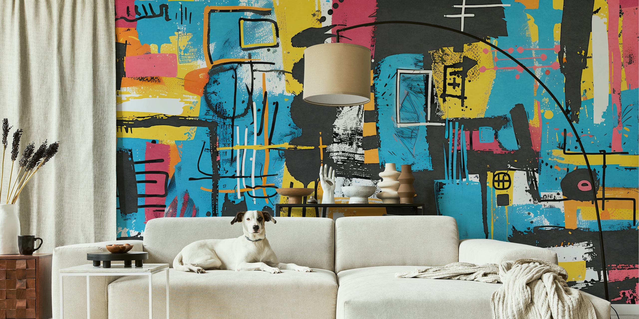 Colorful street art wallpaper in a room