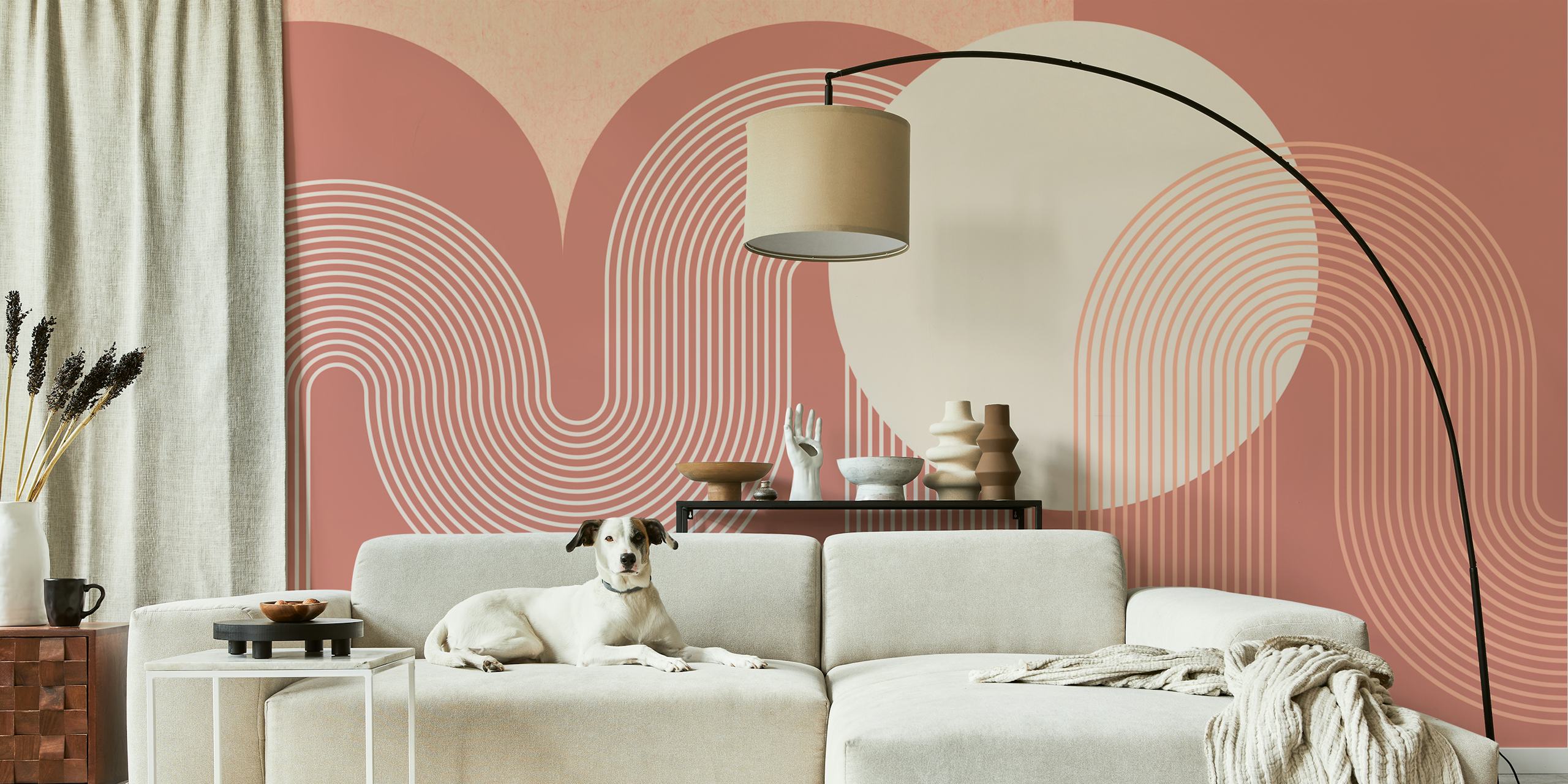 Boho rainbow arch line art with curved lines and circles in warm colors wallpaper