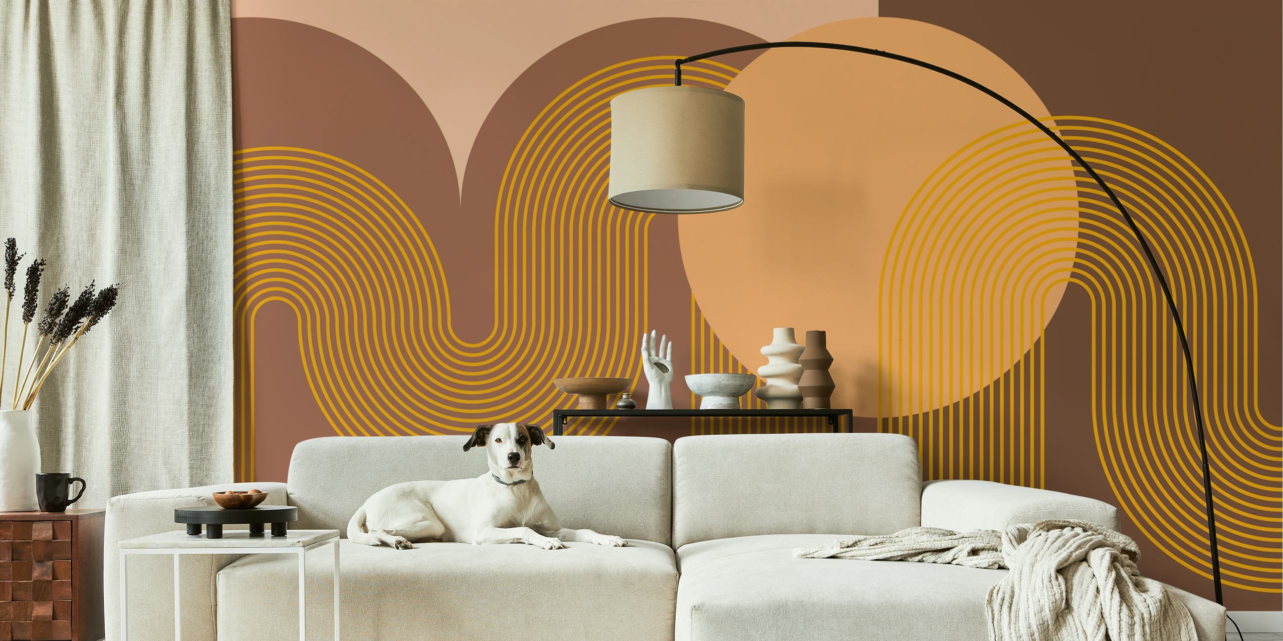 Curvy brown and orange lines with arch patterns wallpaper