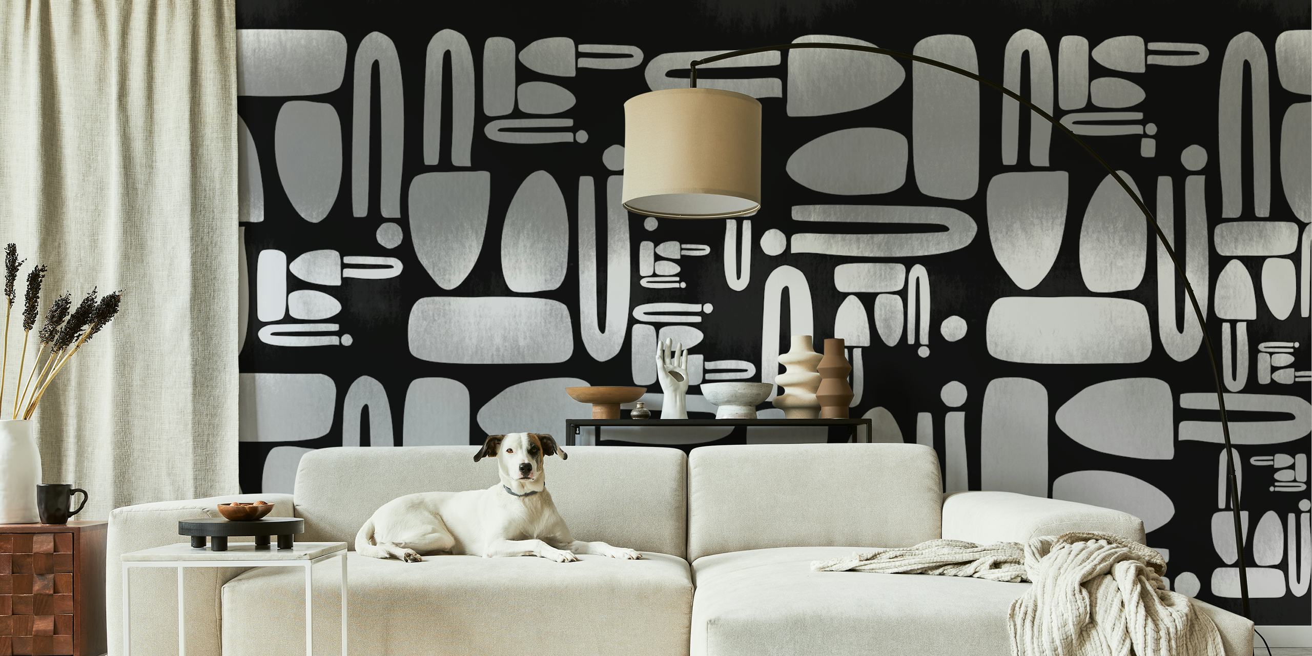 Papier peint Mid-Century Pattern Neutral Gray dans une pièce
