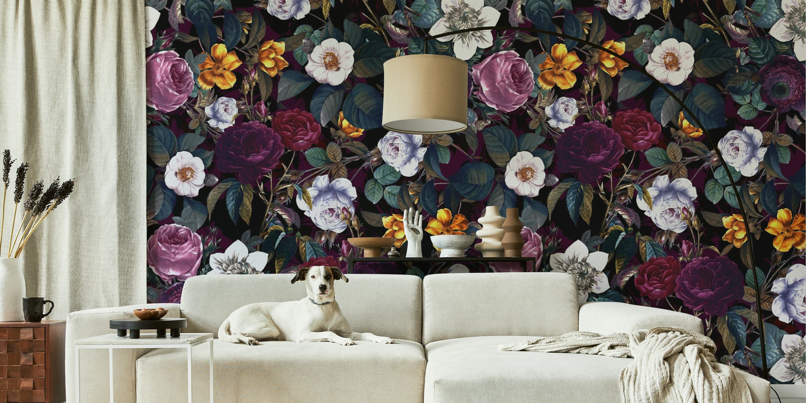 Dark floral wallpaper with peonies in purple, white, and gold hues