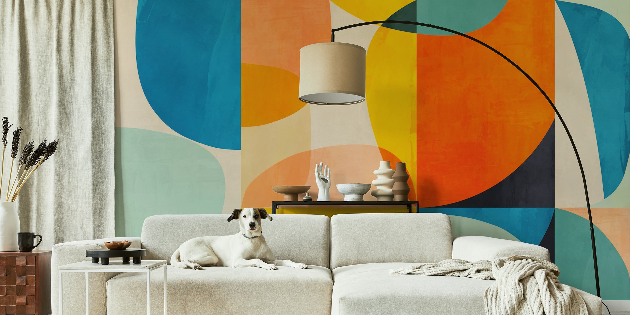 Colorful abstract geometric shapes in orange, teal, and soft pastels wallpaper