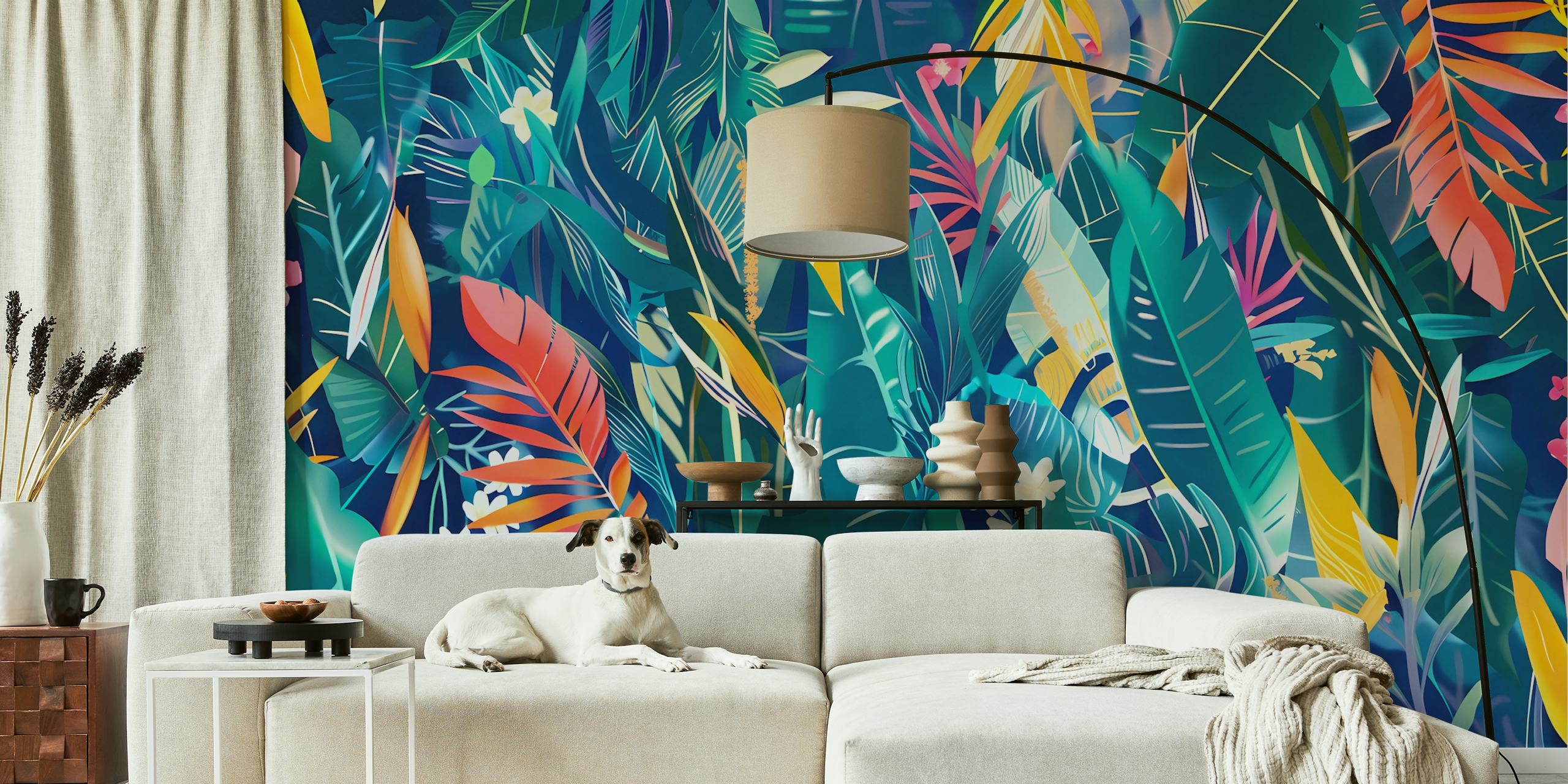 Tropical garden wallpaper with colorful leaves and flowers in vibrant hues