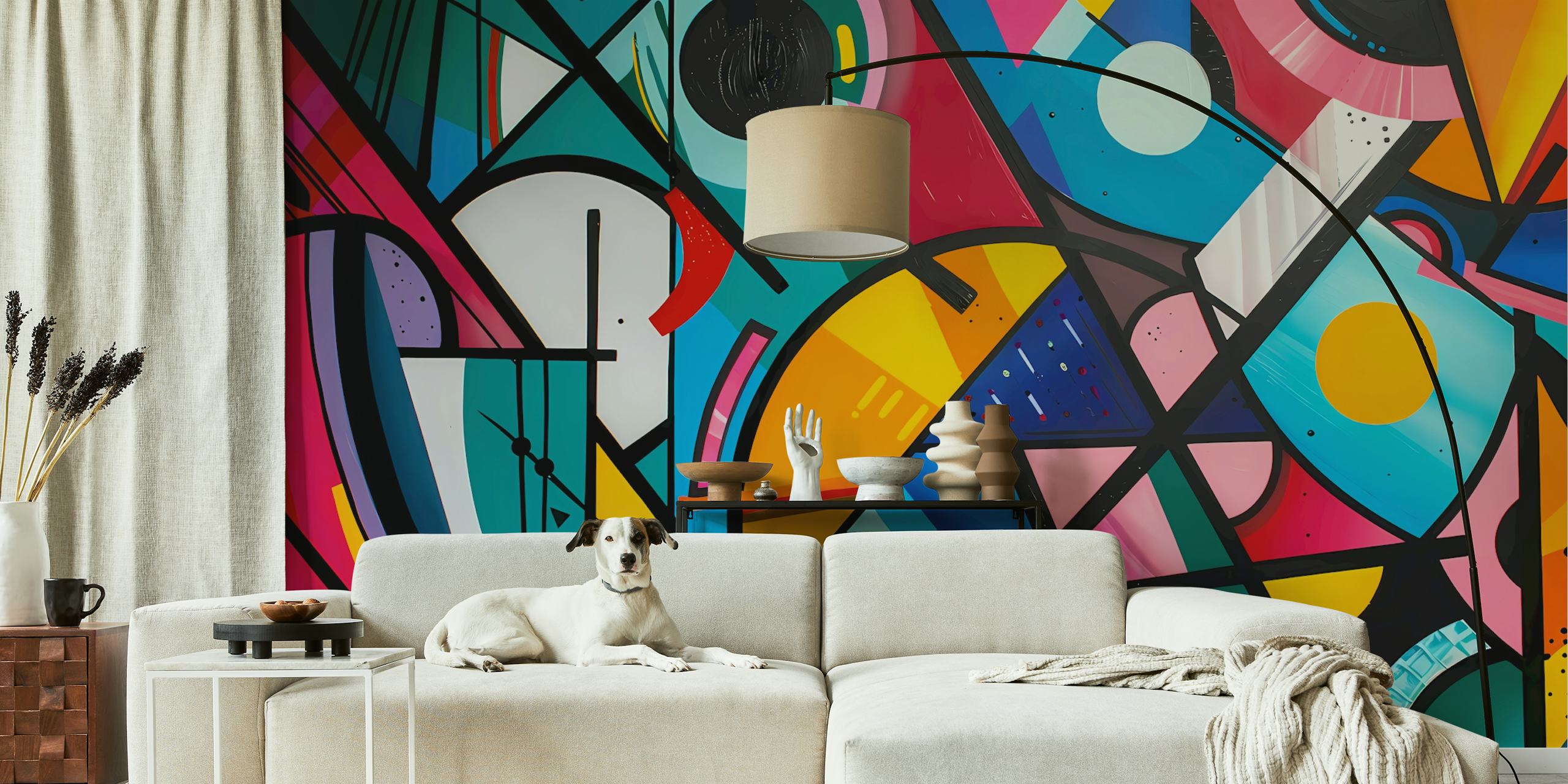 Geometric Pop Art wallpaper in a modern room