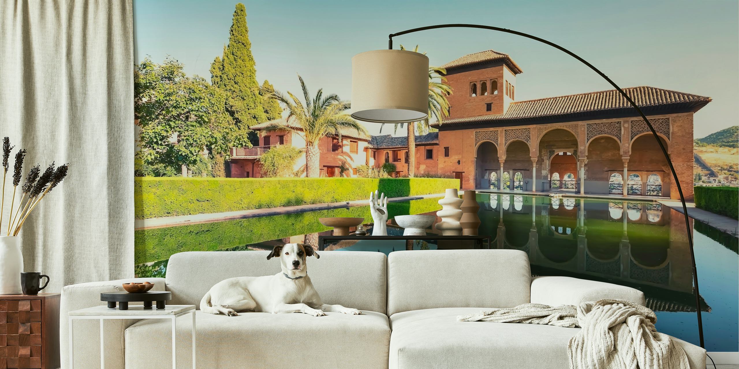Lush green garden with palms and historical building reflection wallpaper