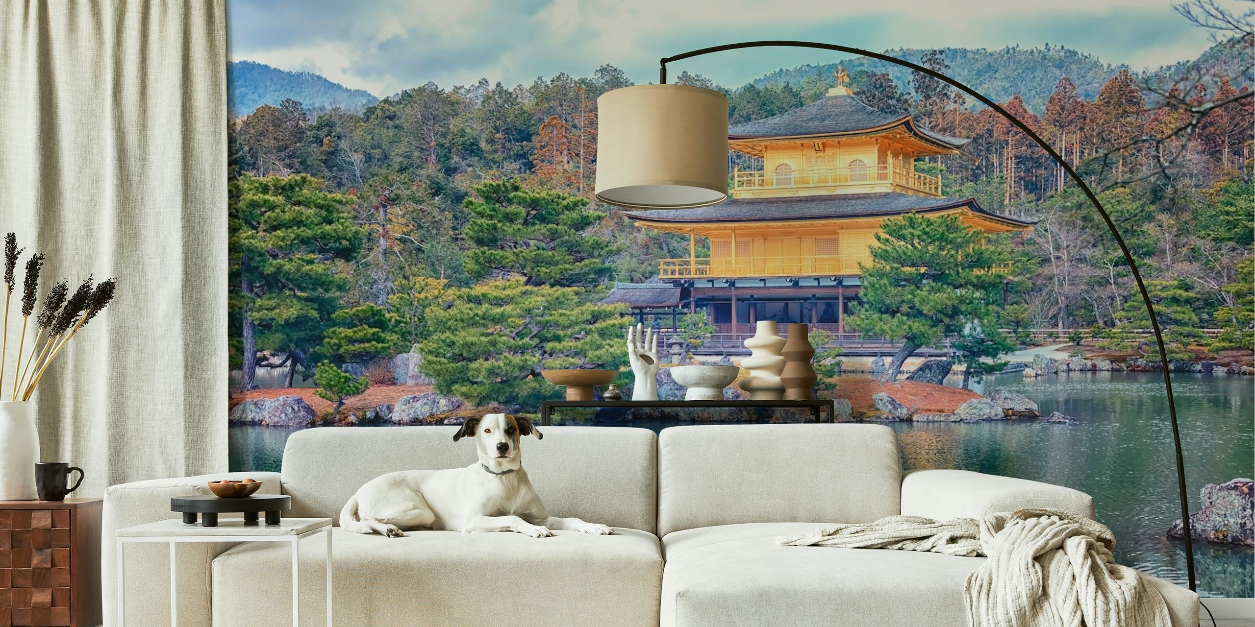 Japanese golden temple surrounded by trees and water wallpaper