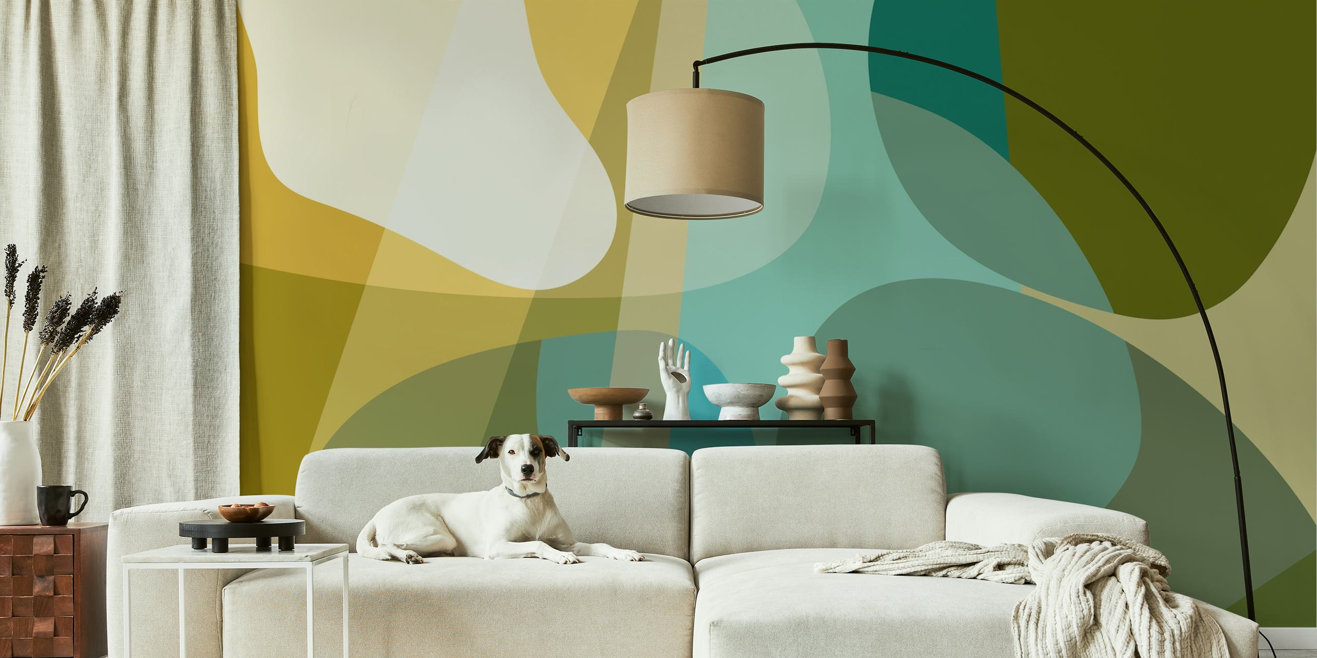 Vintage geometric shapes in green, blue, and yellow wallpaper