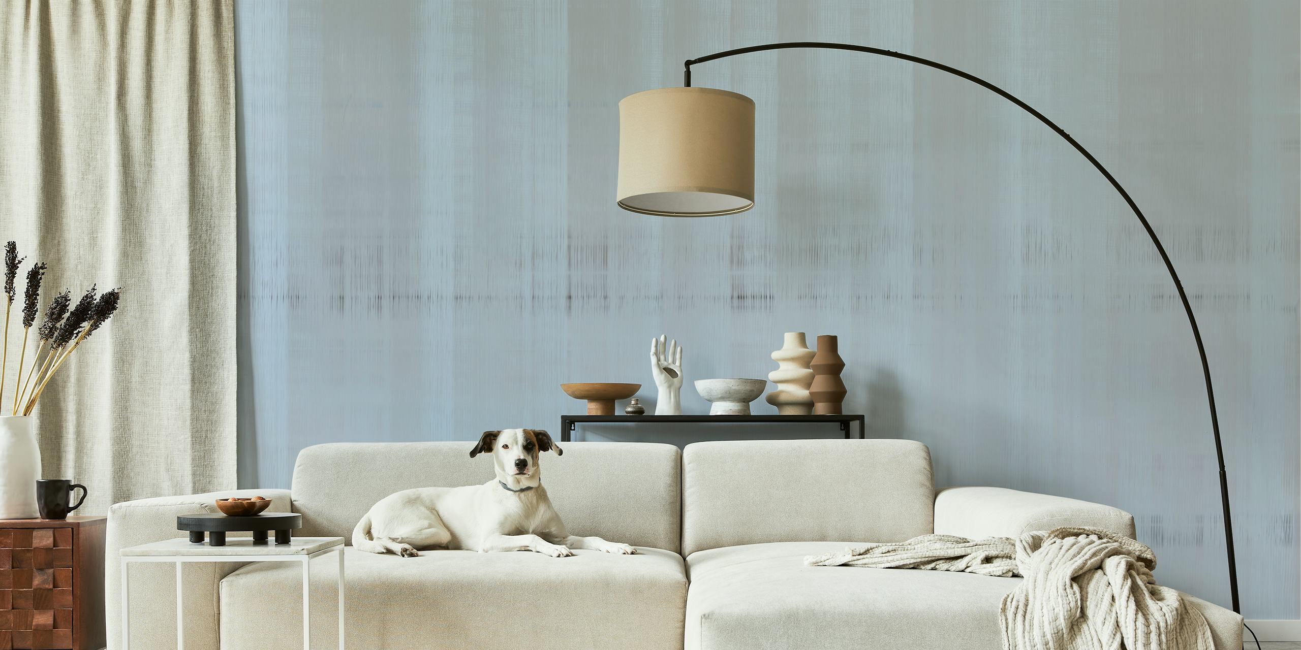 Pastelově modrá fototapeta s jemnými vzory japonského hedvábí