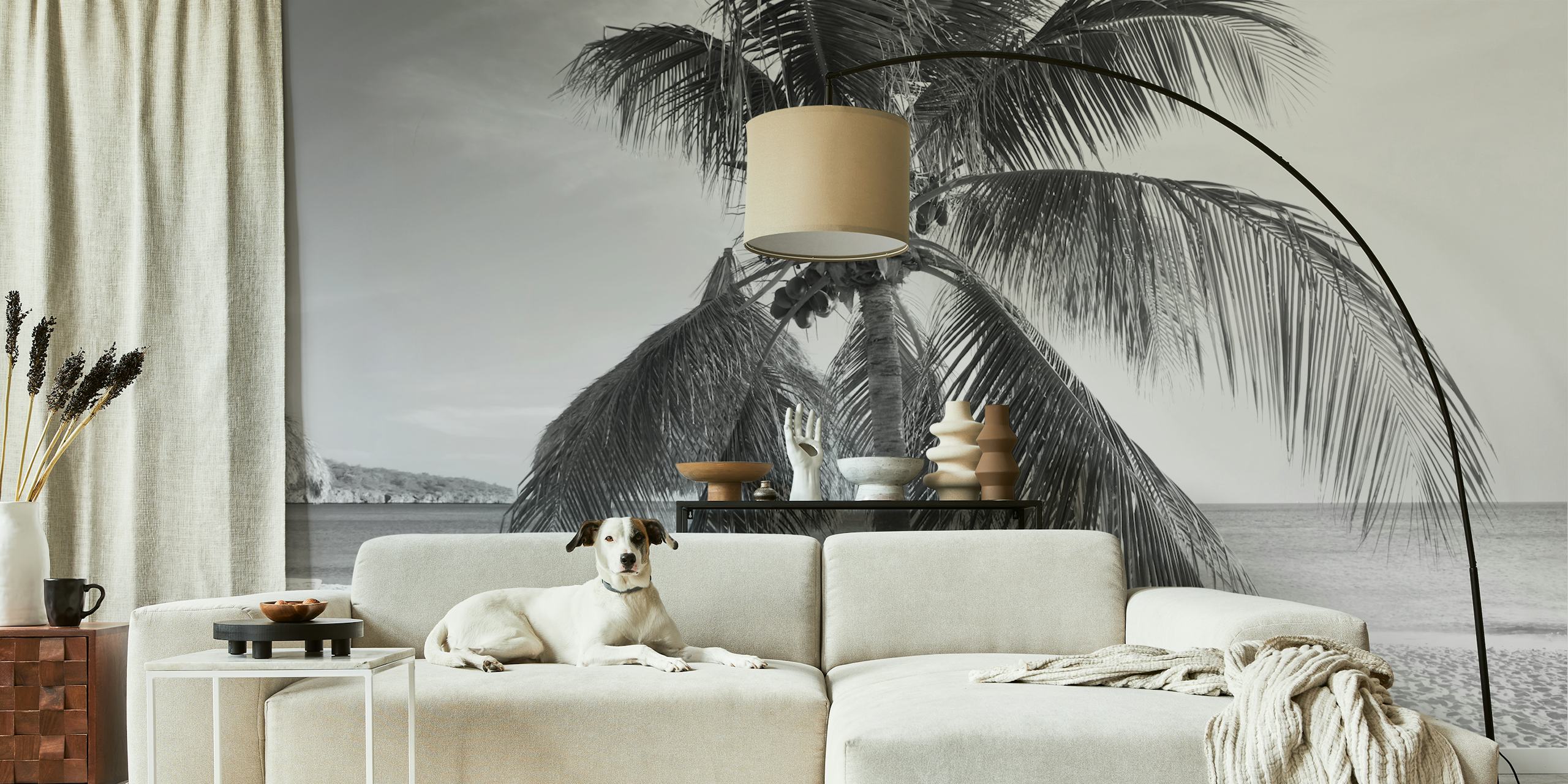 Palm tree on beach in black and white wallpaper