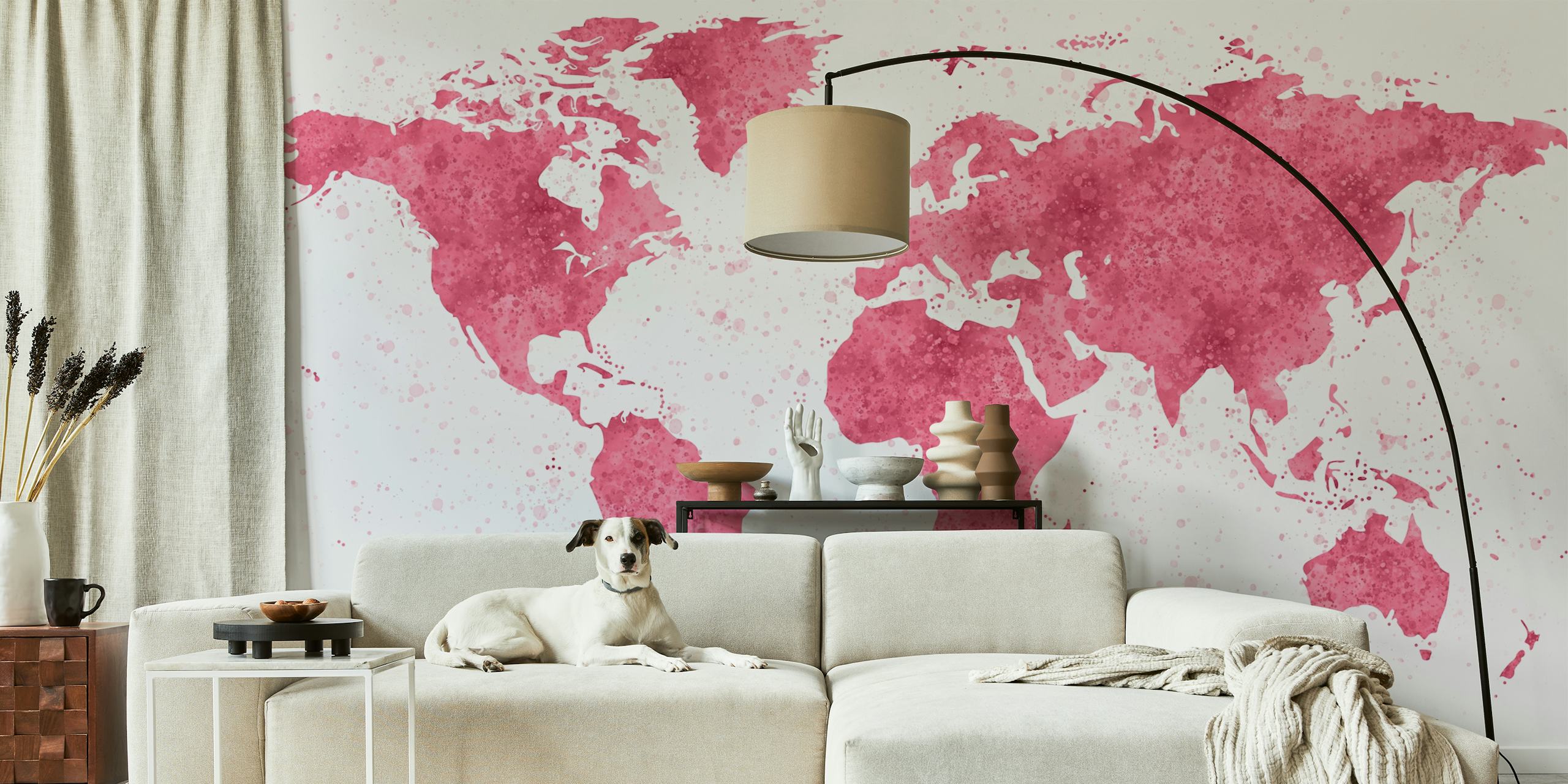World Map Mural in magenta colors