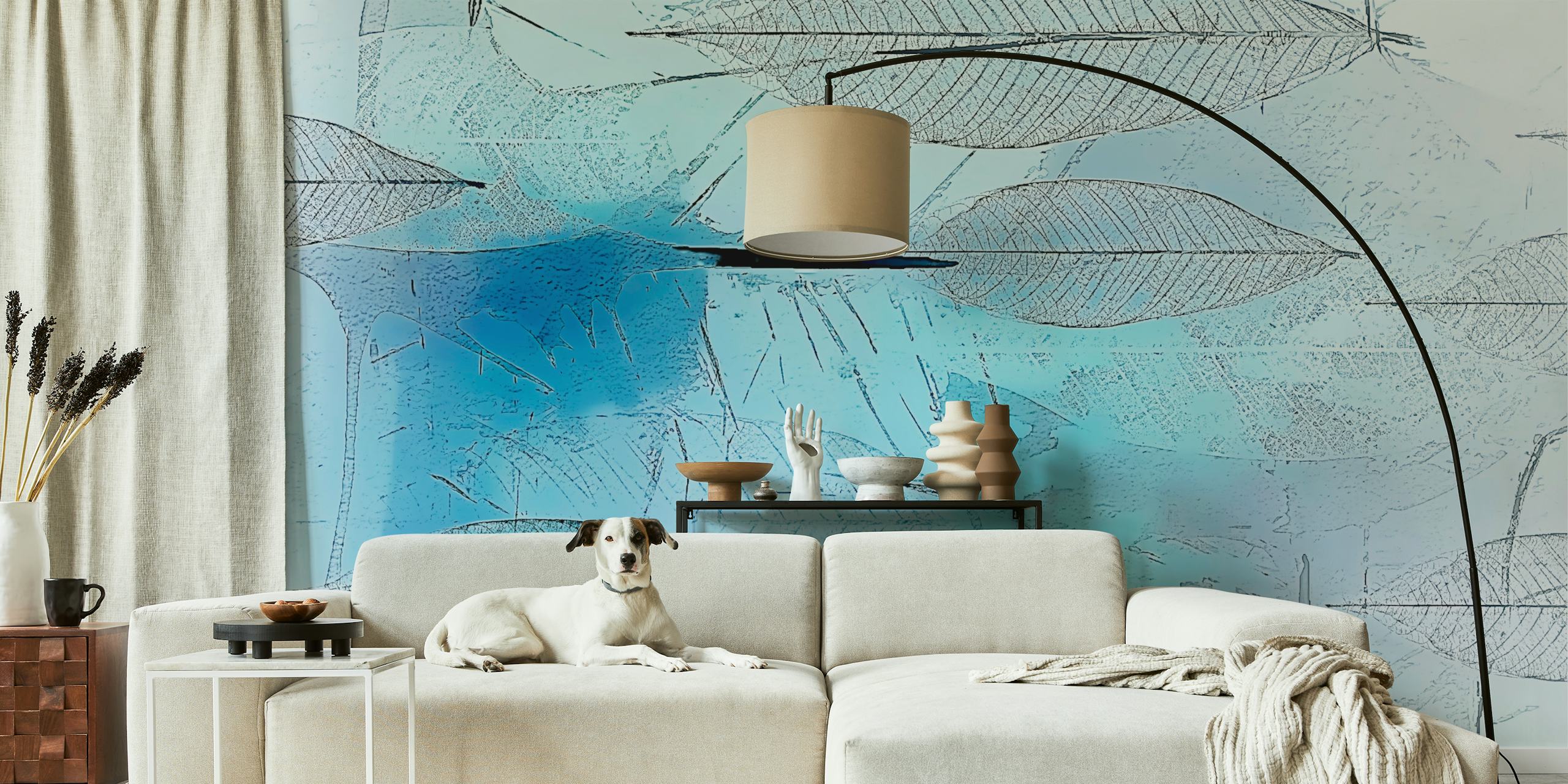 Stylized blue leaves on a soft gradient background wallpaper