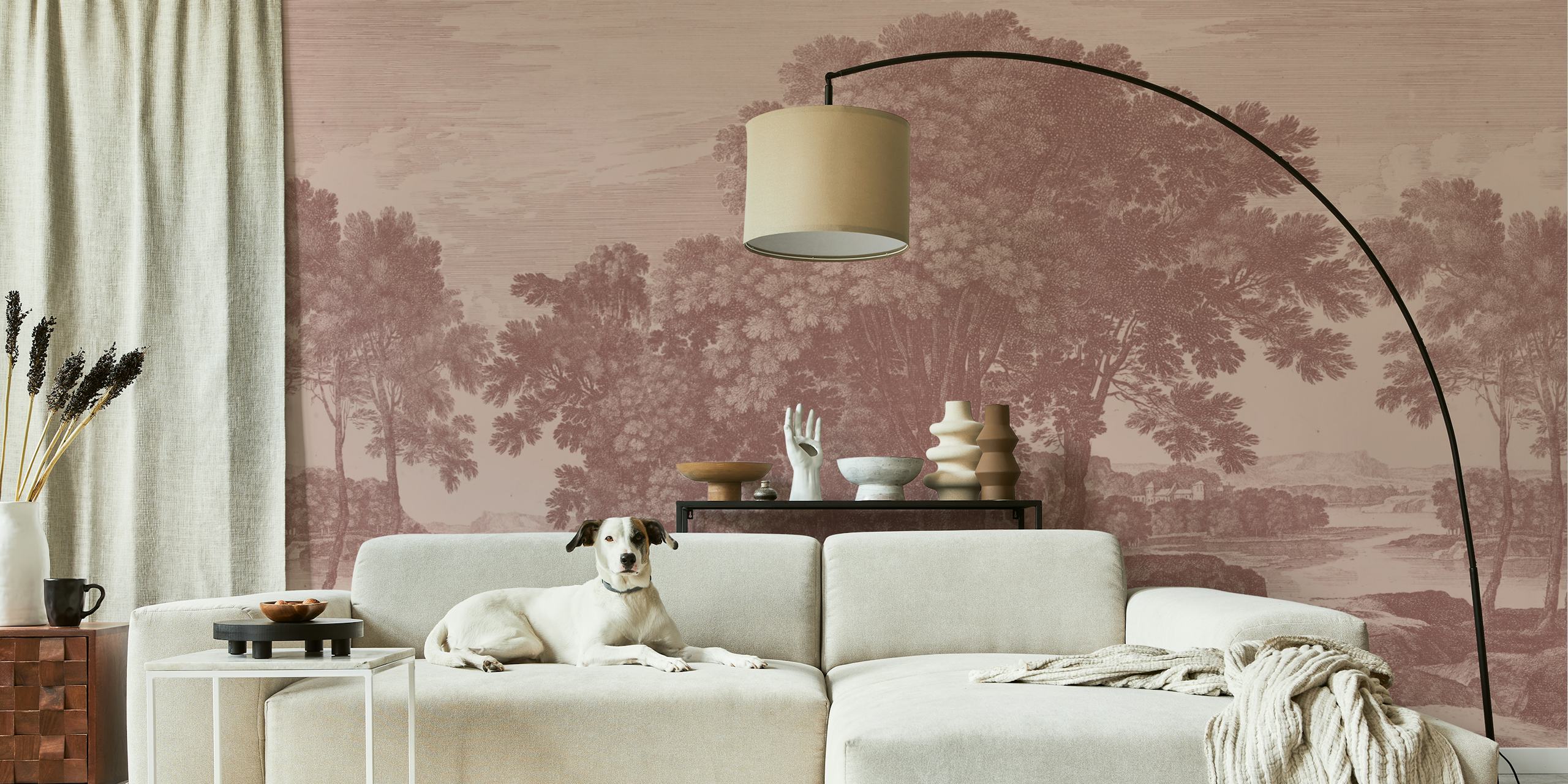 Rustic landscape with trees and hills, brown tones wallpaper