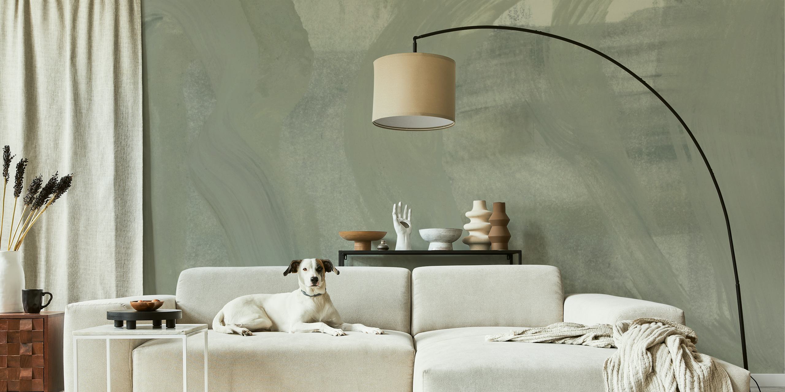 Brush strokes in soft olive and muted gray wallpaper