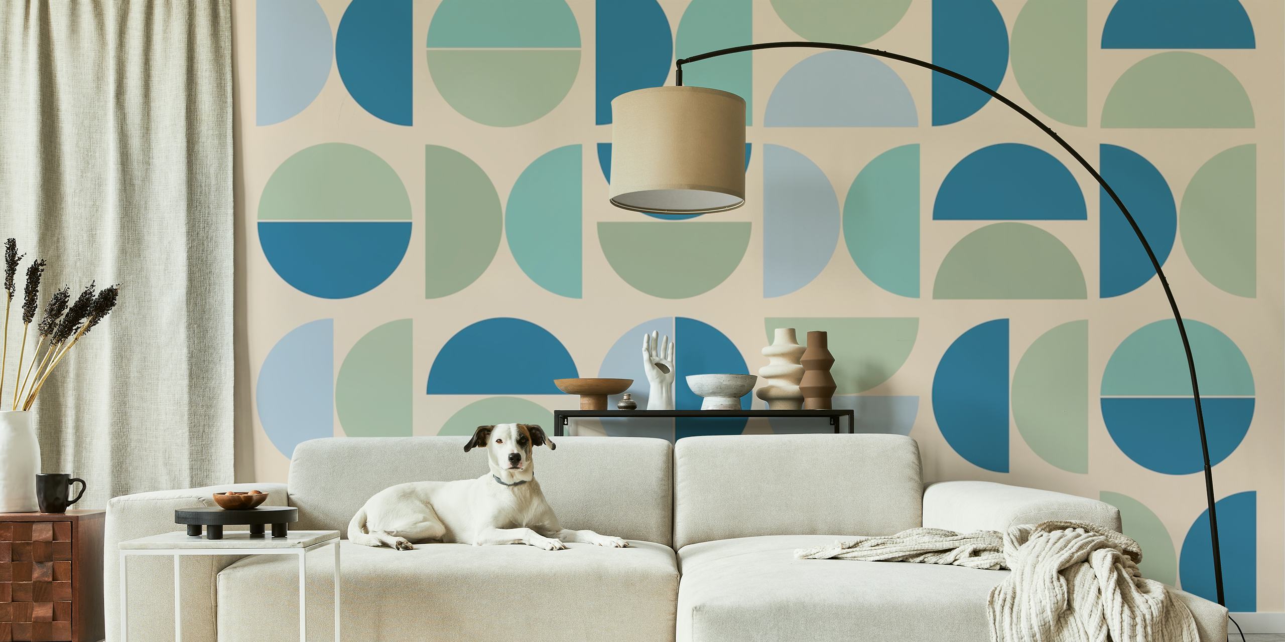 Geometric shapes in aqua, mint, and soft pastel colors wallpaper