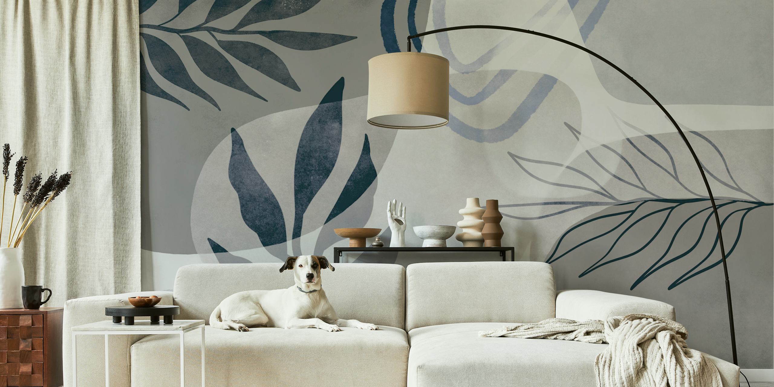 Abstract Botanic Shades Blue Beige papel pintado en una habitación