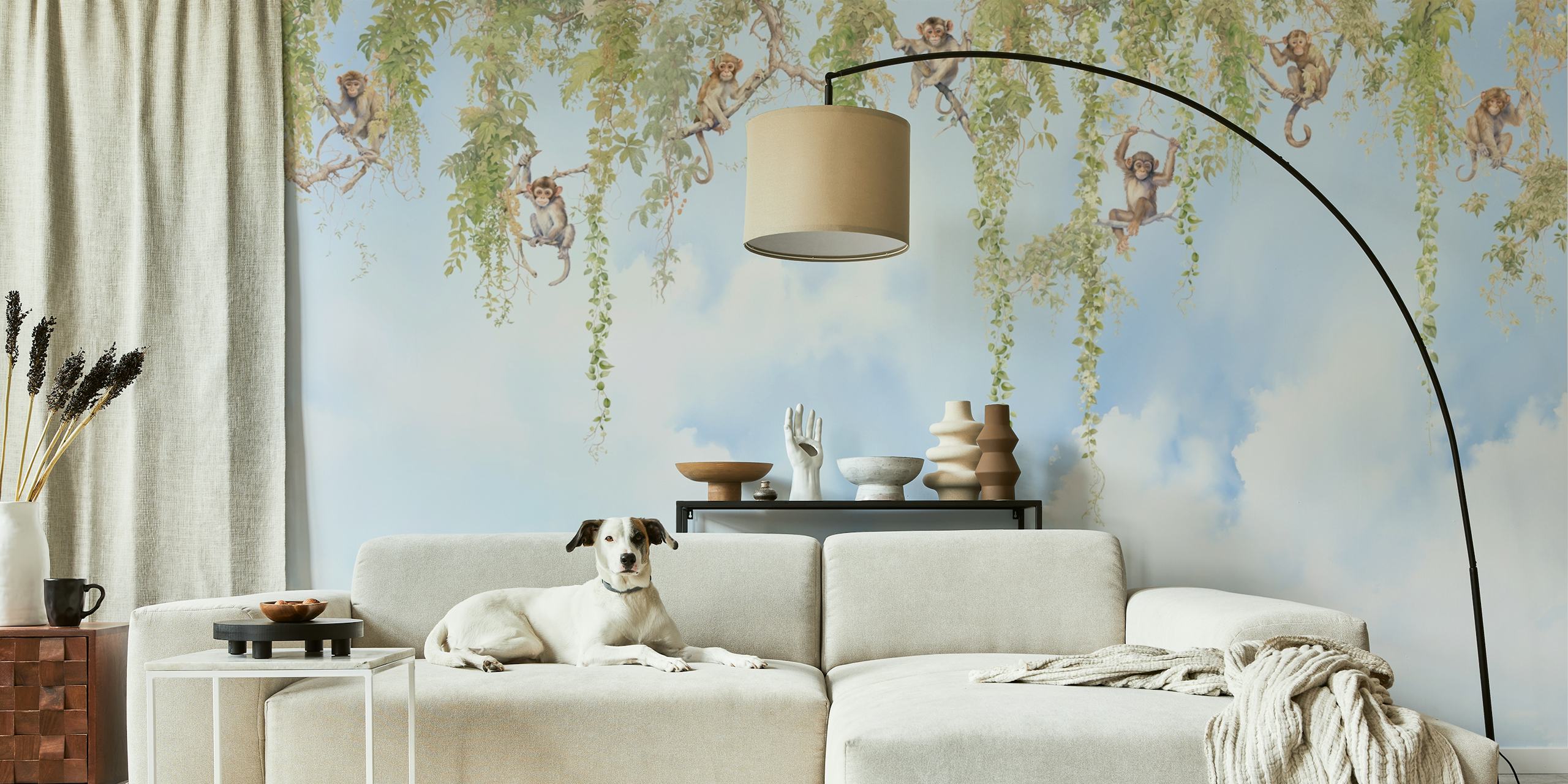 Wallpaper featuring playful monkeys in a room