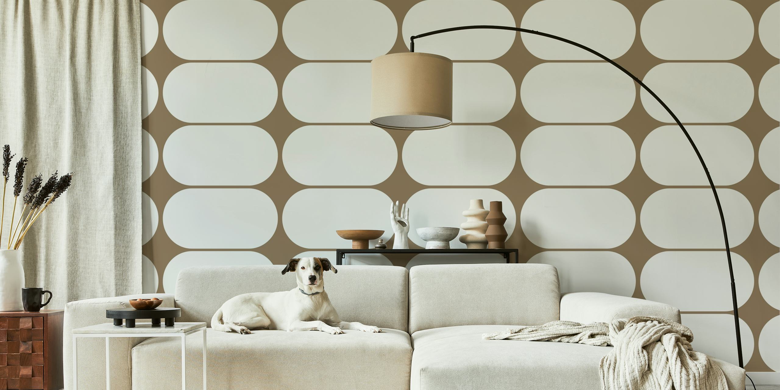 Beige geometric patterned wallpaper with oval shapes