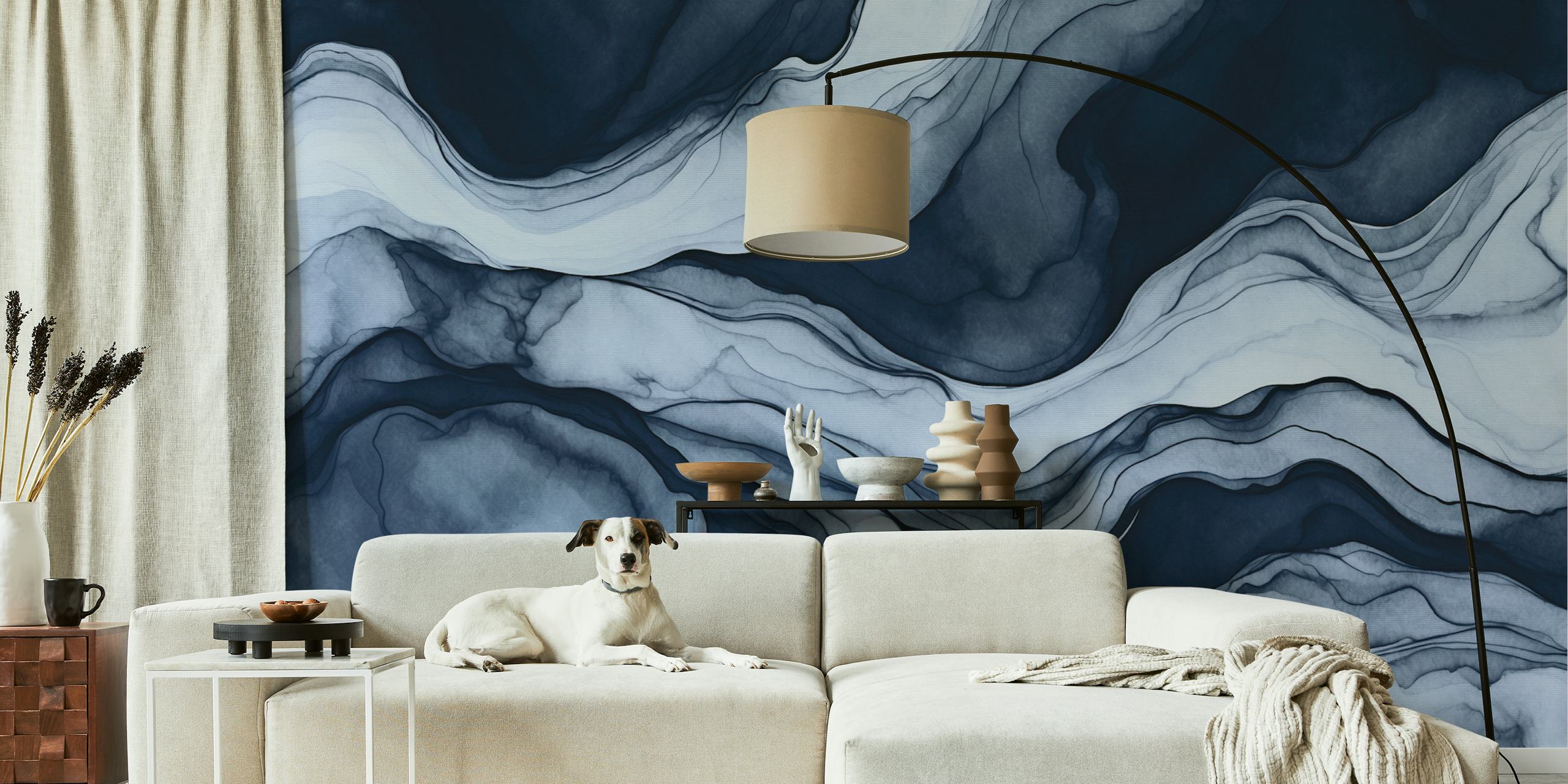 Abstract blue marble wallpaper with swirling lines in dark and light blue tones.
