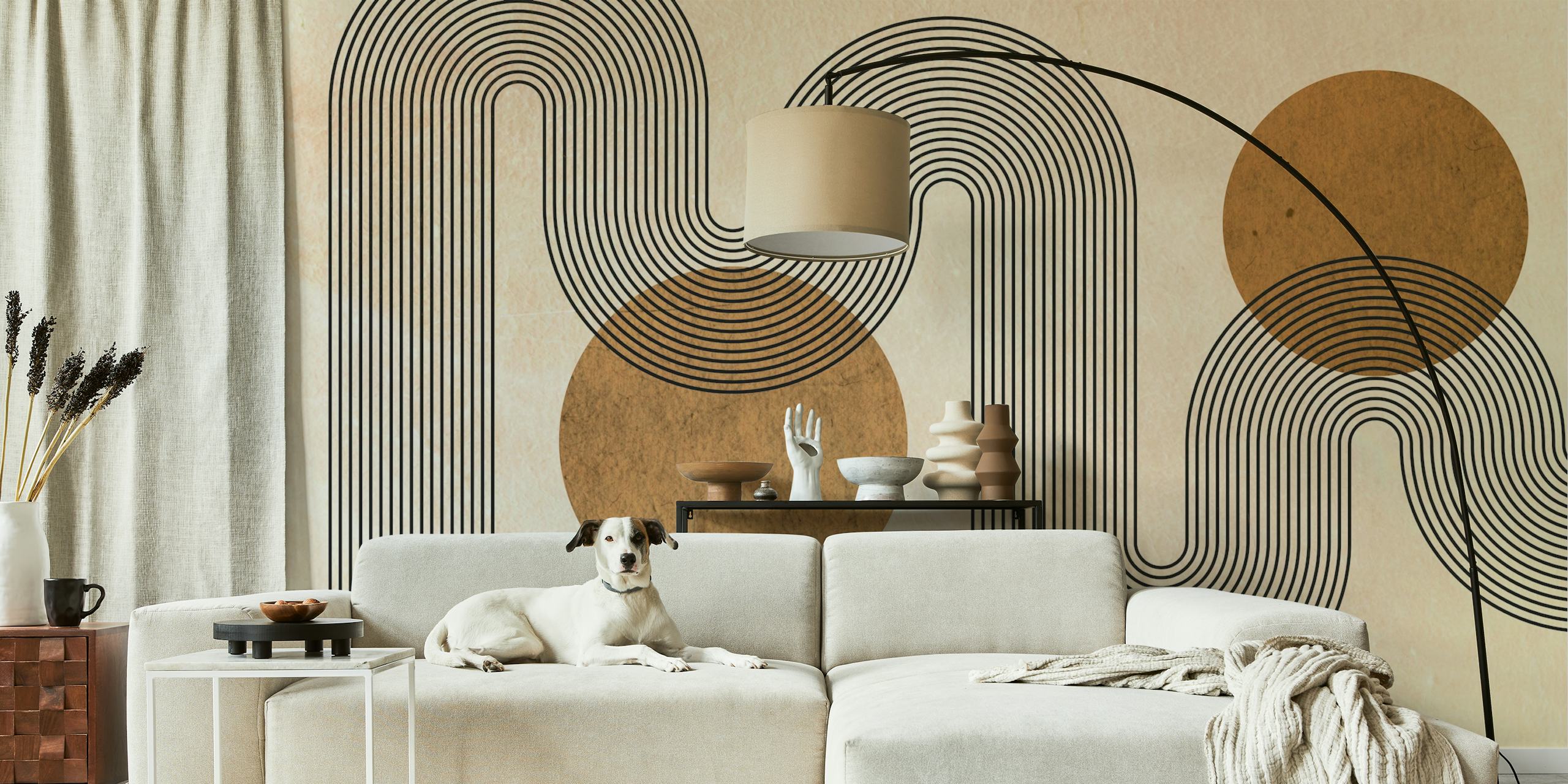 Abstract circular pattern in brown and black on beige wallpaper