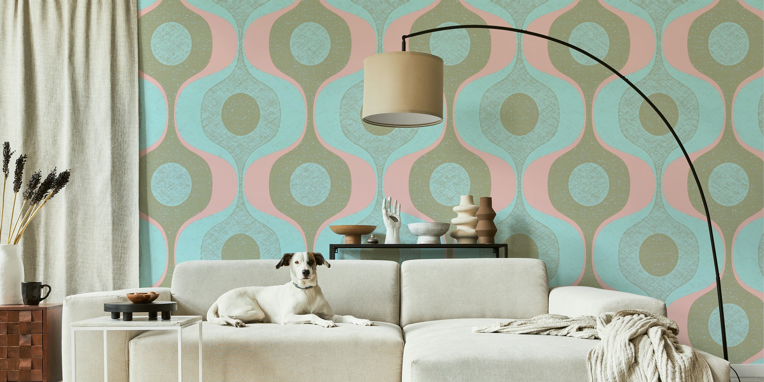 Carta da parati Pastel 70s Groovy Geometry Grunge Waves in una stanza