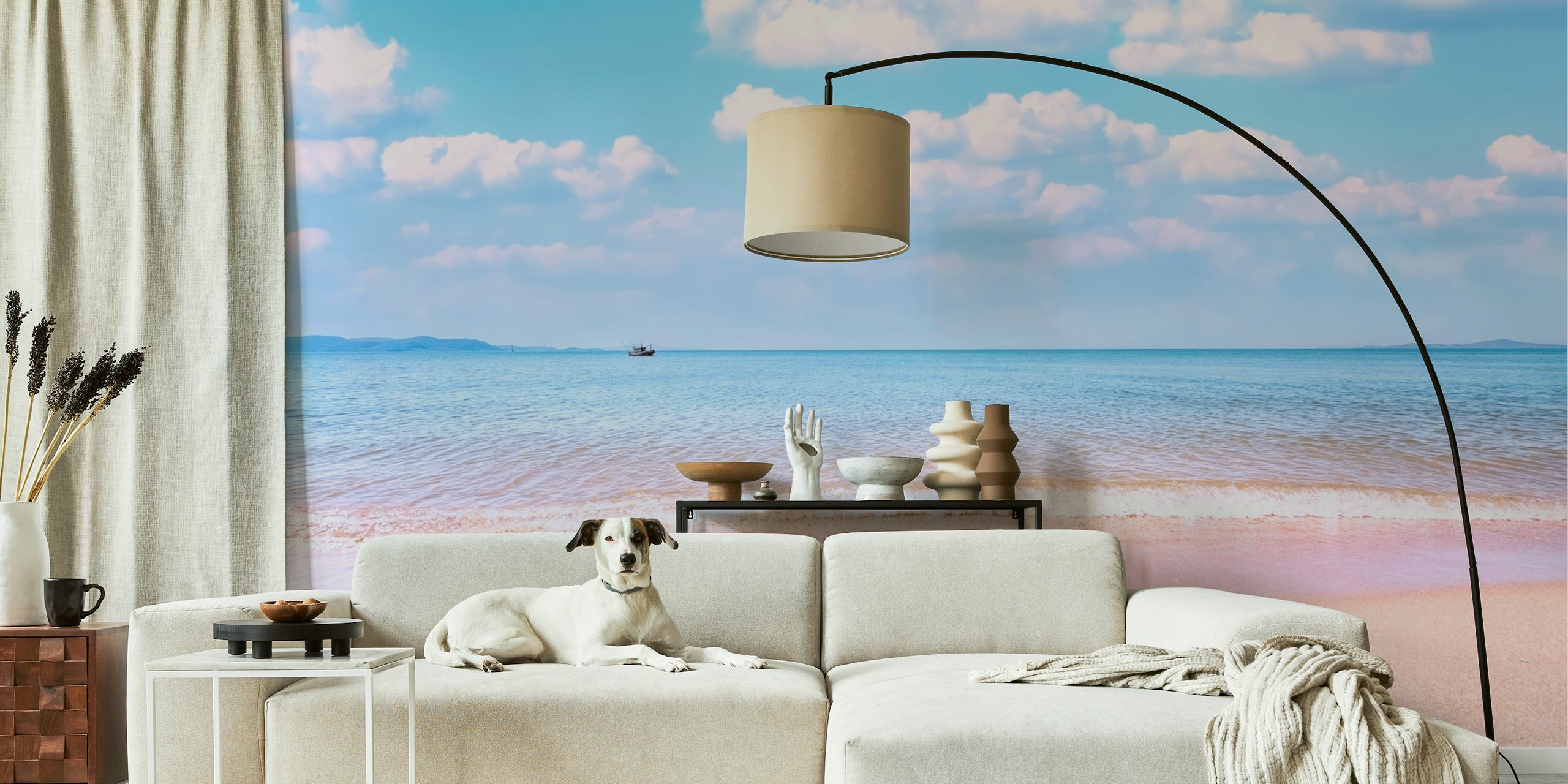 Tropical beach scene wallpaper with soft sand and blue ocean