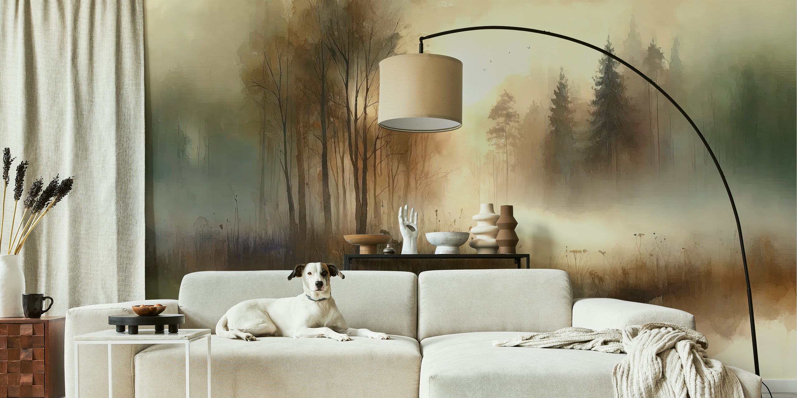 Misty forest landscape with trees, soft colors and light effects wallpaper