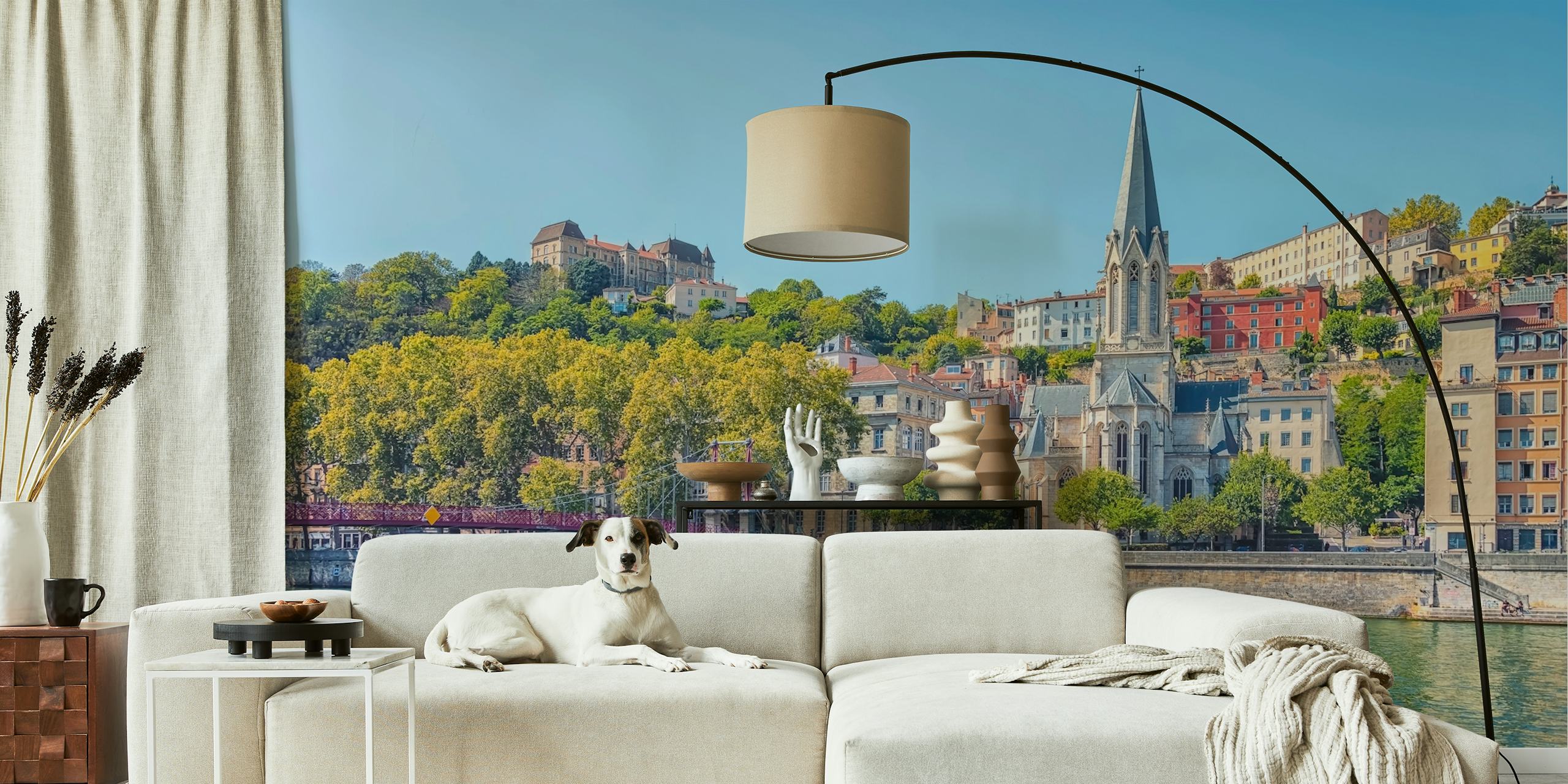 Lyon cityscape wallpaper with vibrant buildings, blue sky, water reflections