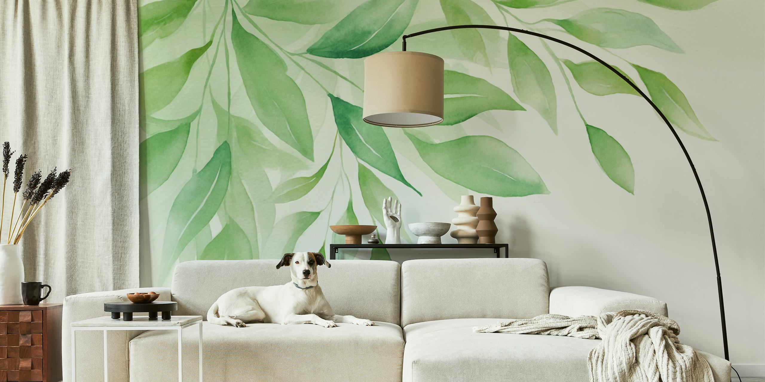 Papel de parede Calm Foliage Gentle Green em um quarto