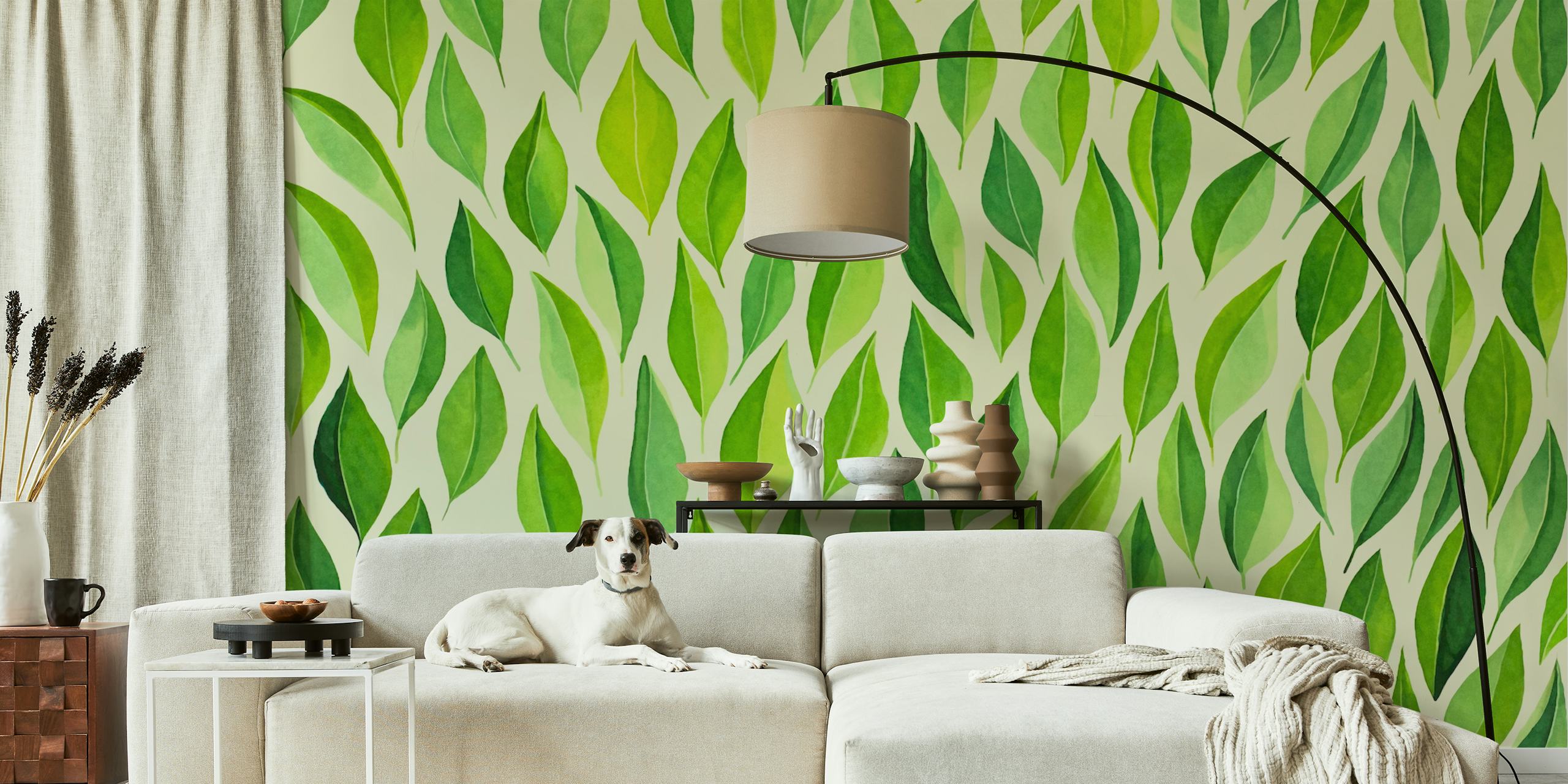 Green leafy pattern wallpaper in various shades of green