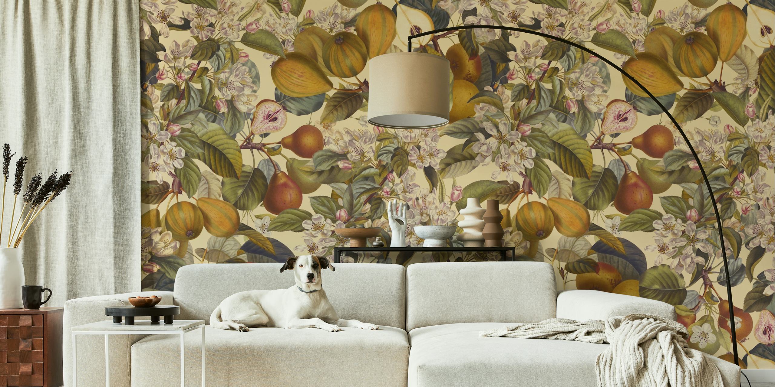 Floral design with fruits and flowers in warm hues wallpaper