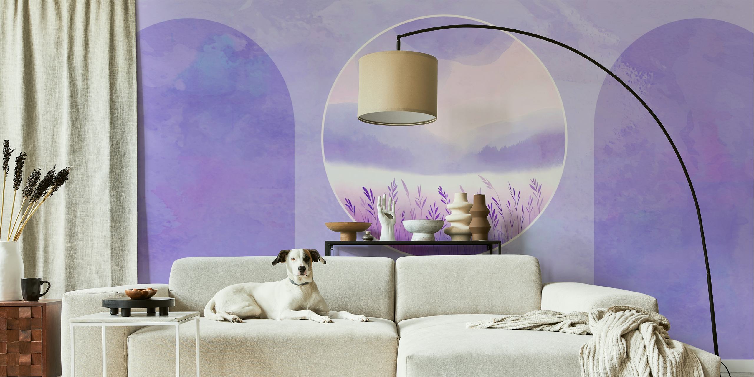 Lavender field landscape in soft purple tones wallpaper