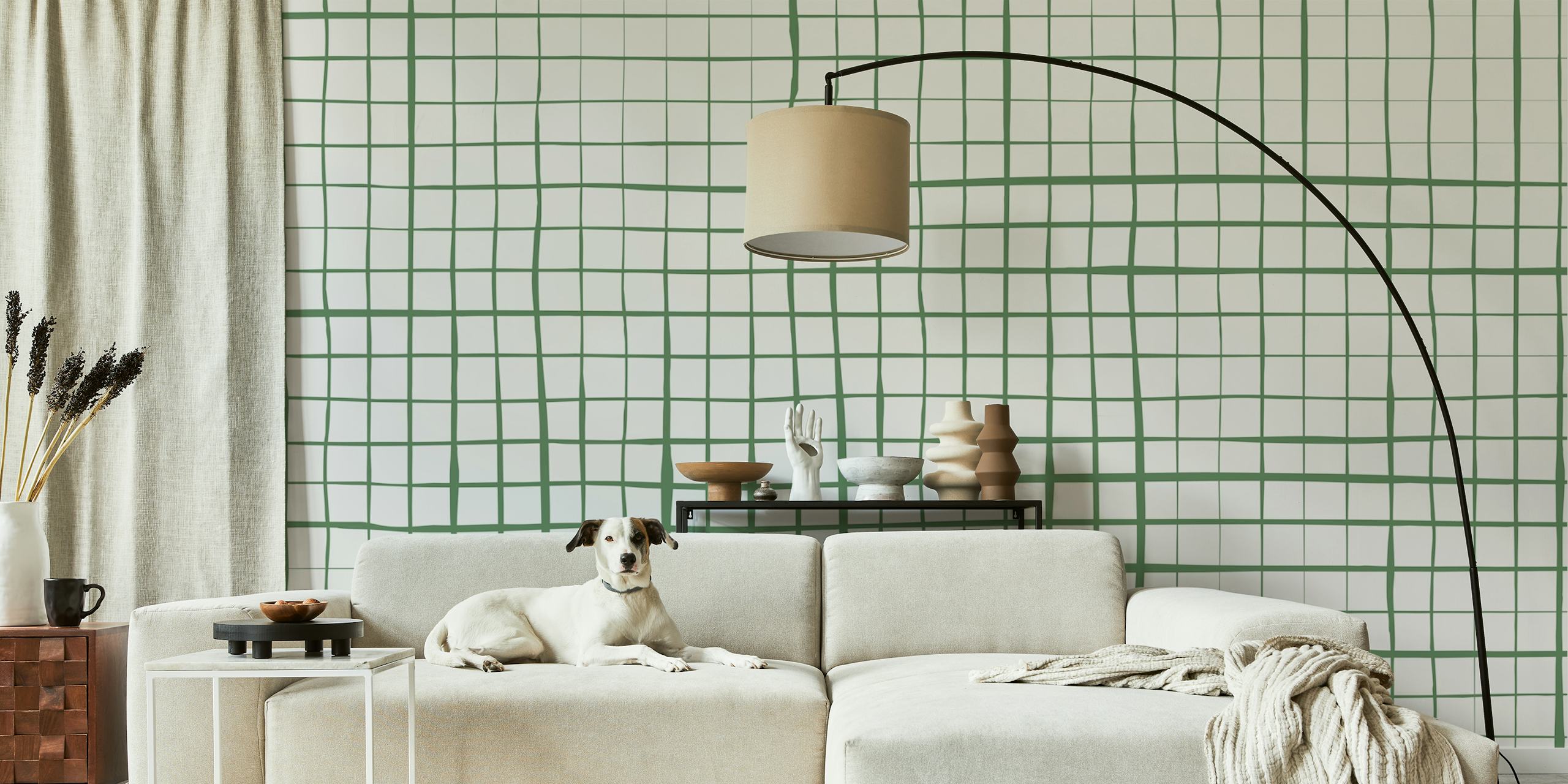 Stripes Grid Green behang in een kamer