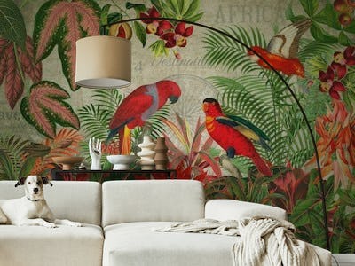 Vintage Rainforest With Tropical Red Flowers And Parrots