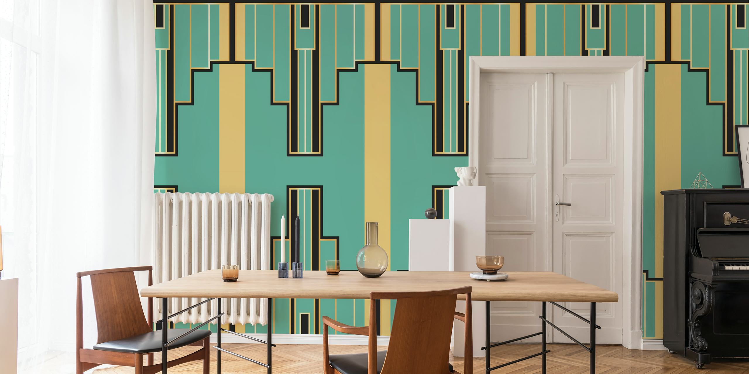 Art Deco Spring wall mural with geometric patterns in jade green and gold