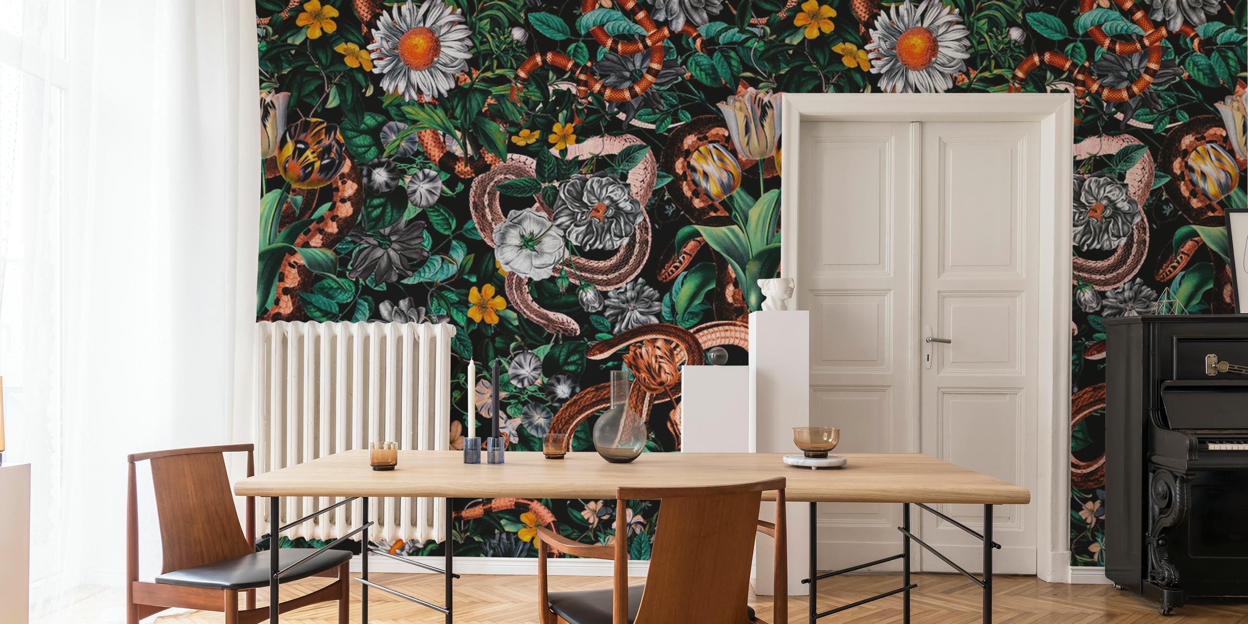 Tropical snake and floral wallpaper with vibrant colors and intricate design.