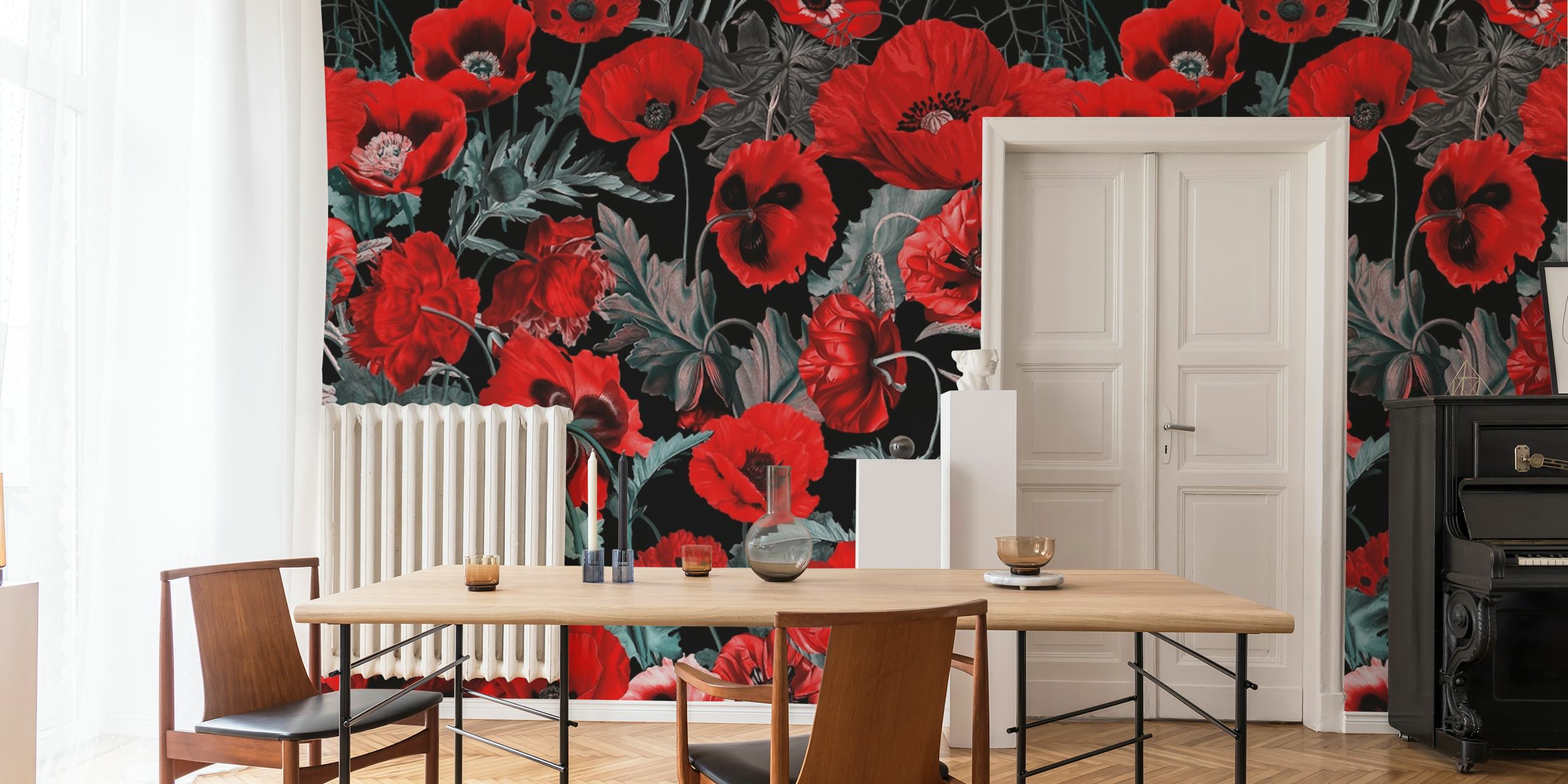 Red poppies on black background wall mural