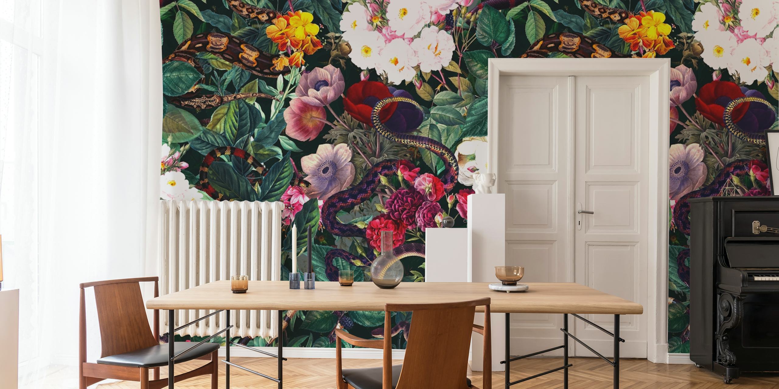 Colorful floral and snake pattern wallpaper with vibrant colors