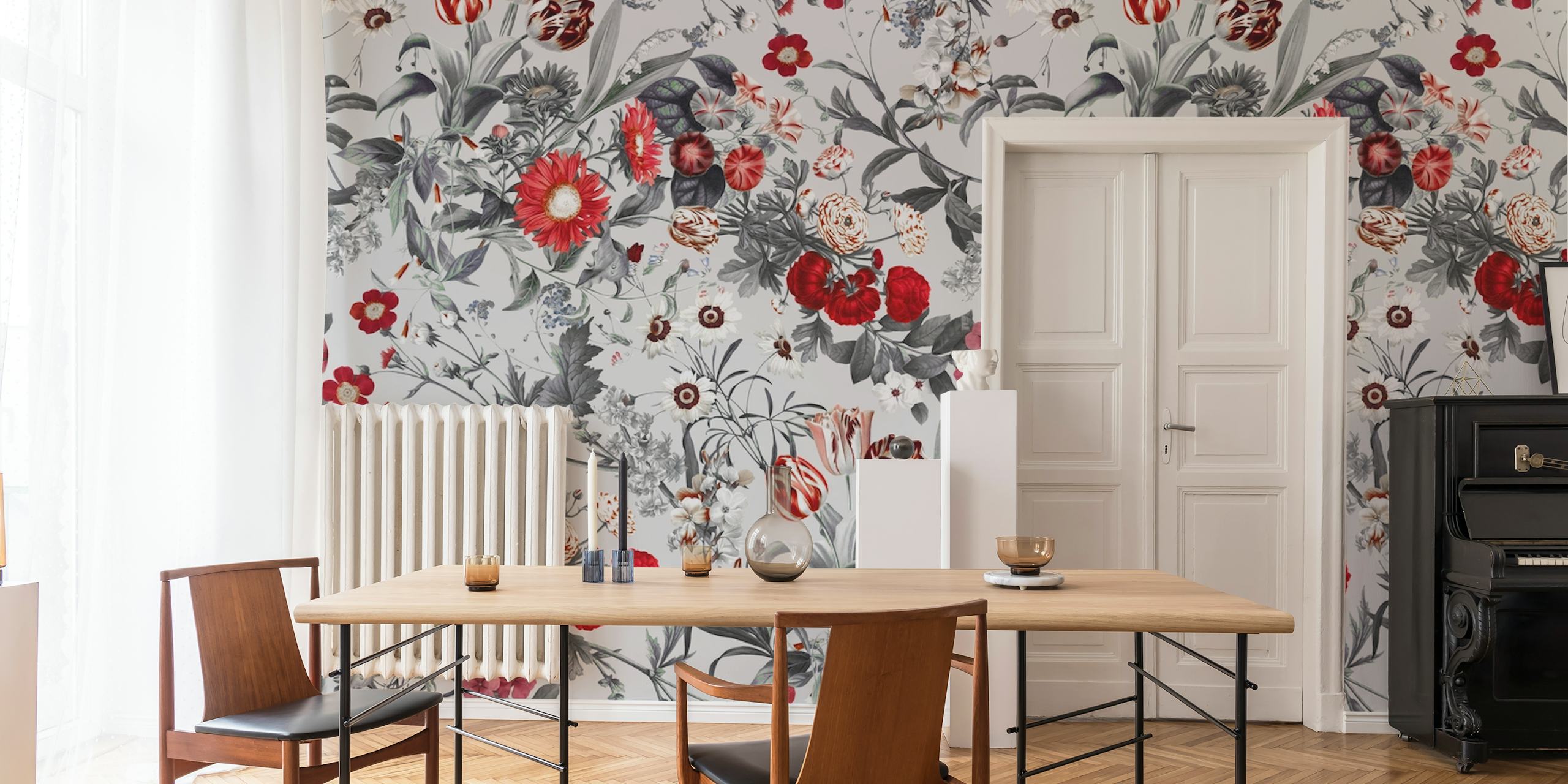 Um Mural De Parede Vibrante E Elegante Com Flores Vermelhas E Folhas Em Tons De Cinza, Denominado Jardim Exótico Xvii-Ii.