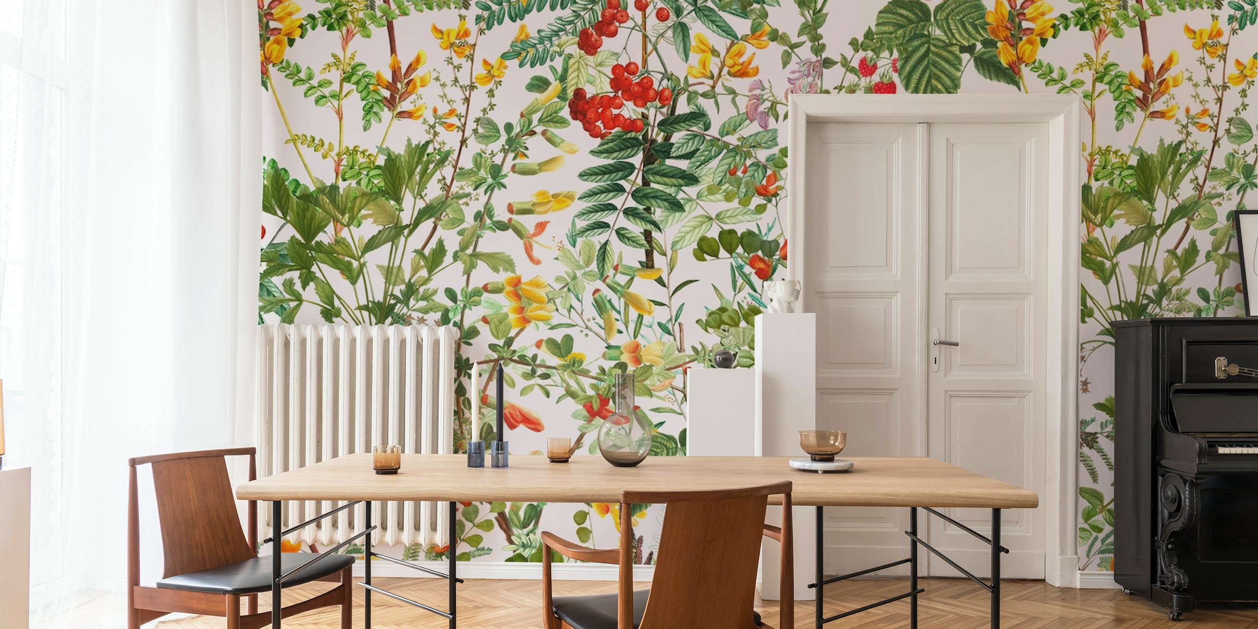 Lush summer meadow-inspired wall mural with a variety of flowers and greenery