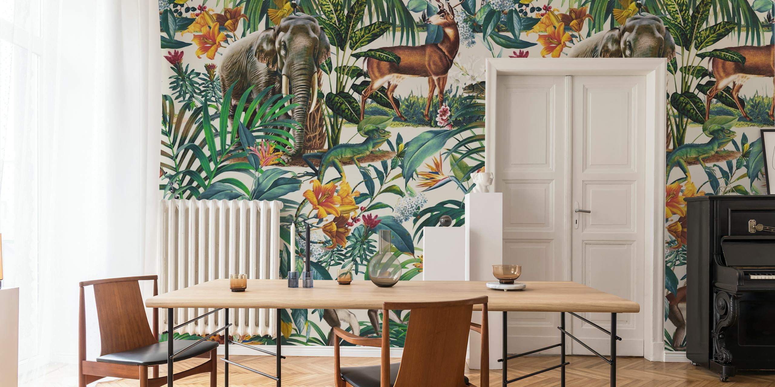 Floral and Animals Pattern III wall mural with elephants, flamingos, and tropical plants