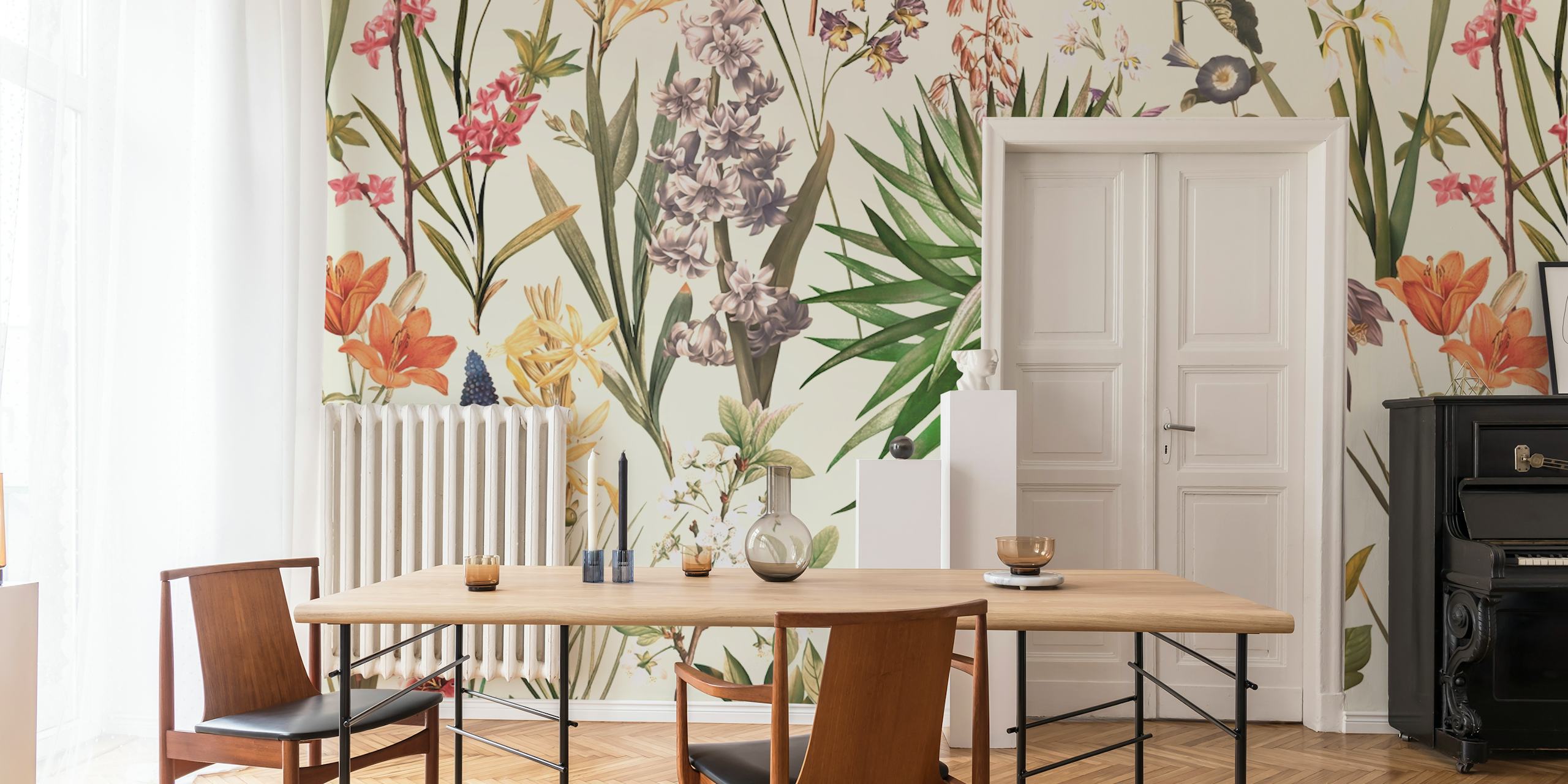 Tropical plants and flowers in various colors wallpaper