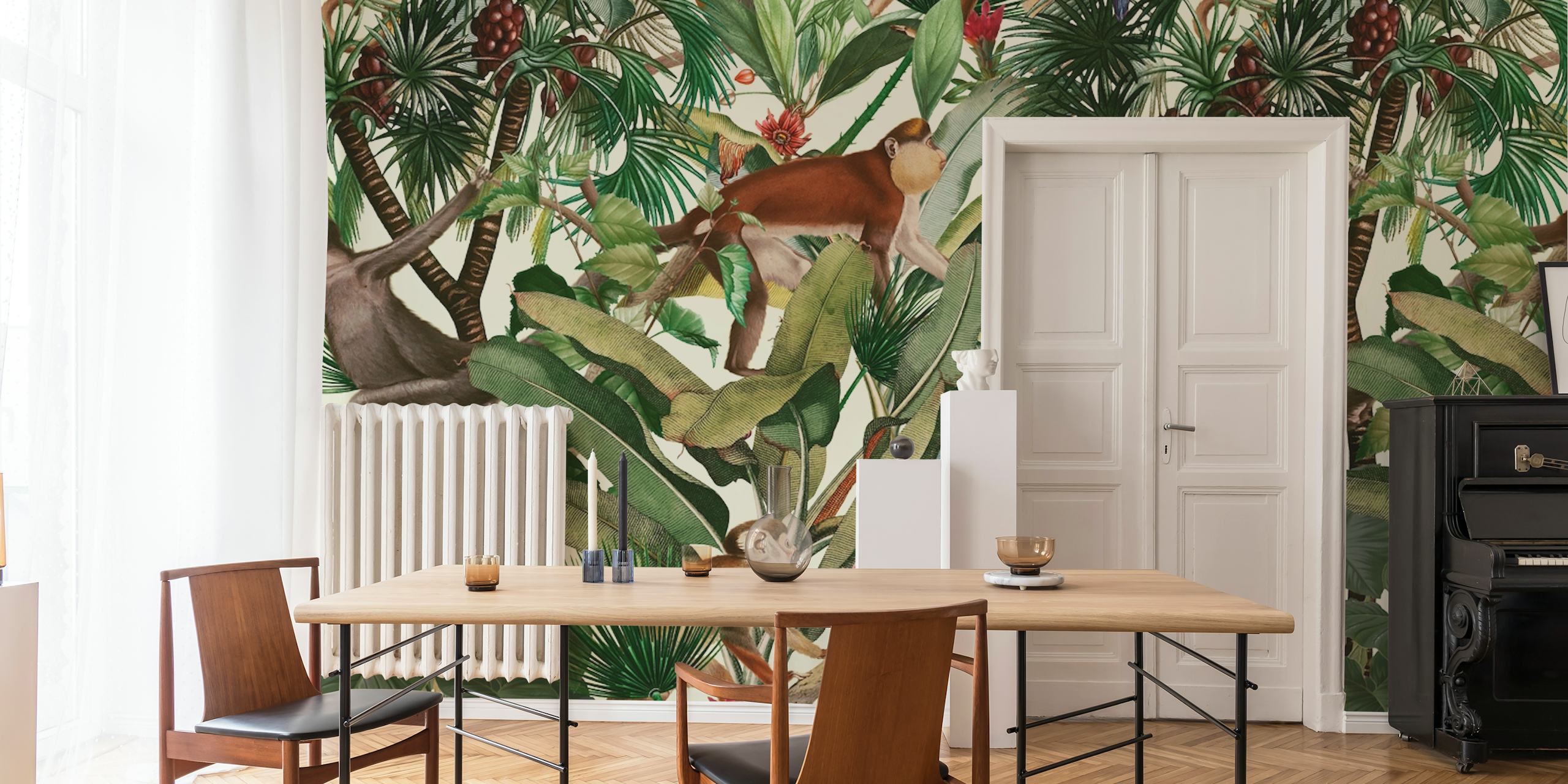 Tropical wallpaper with monkeys and green leaves