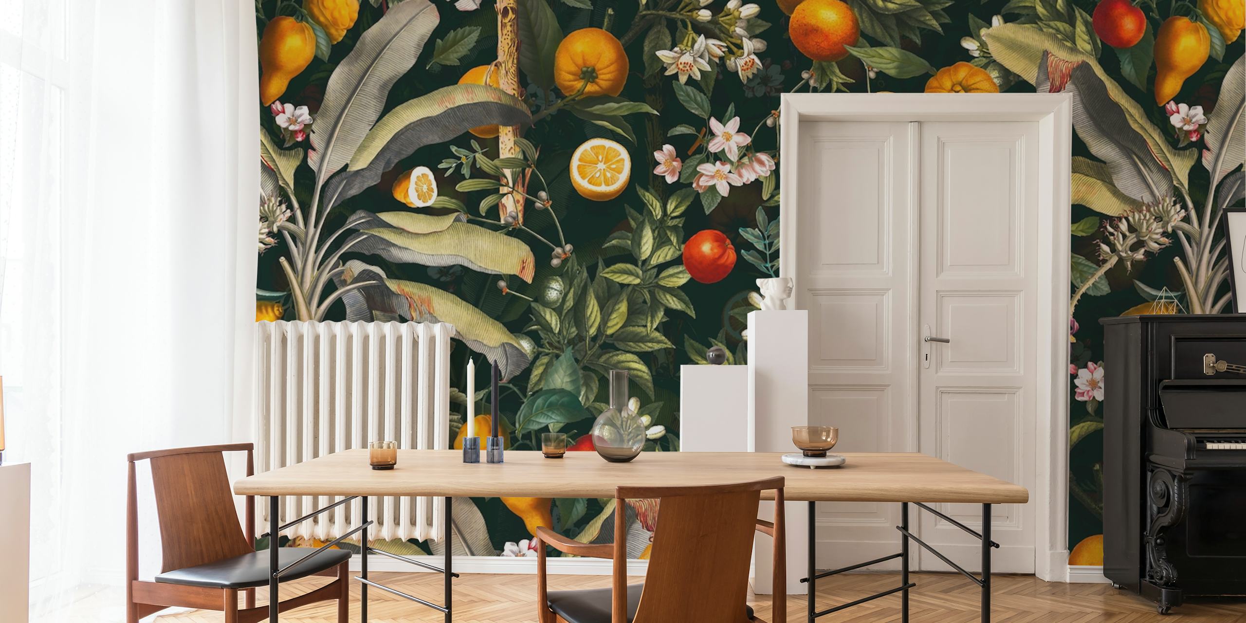 Vintage fruit pattern with oranges, lemons, and floral elements wallpaper