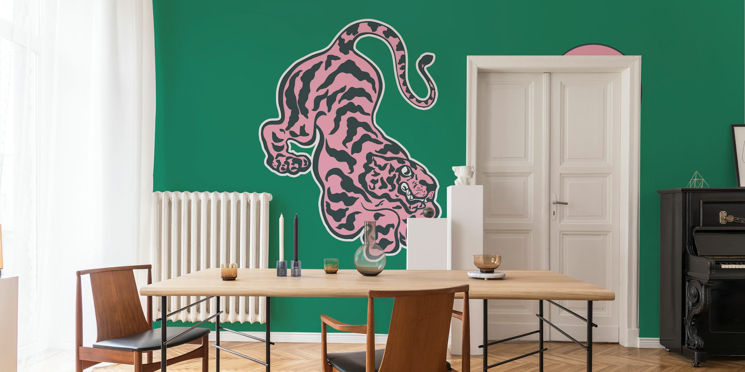 Pink tiger illustration with two pink circles on green background wallpaper