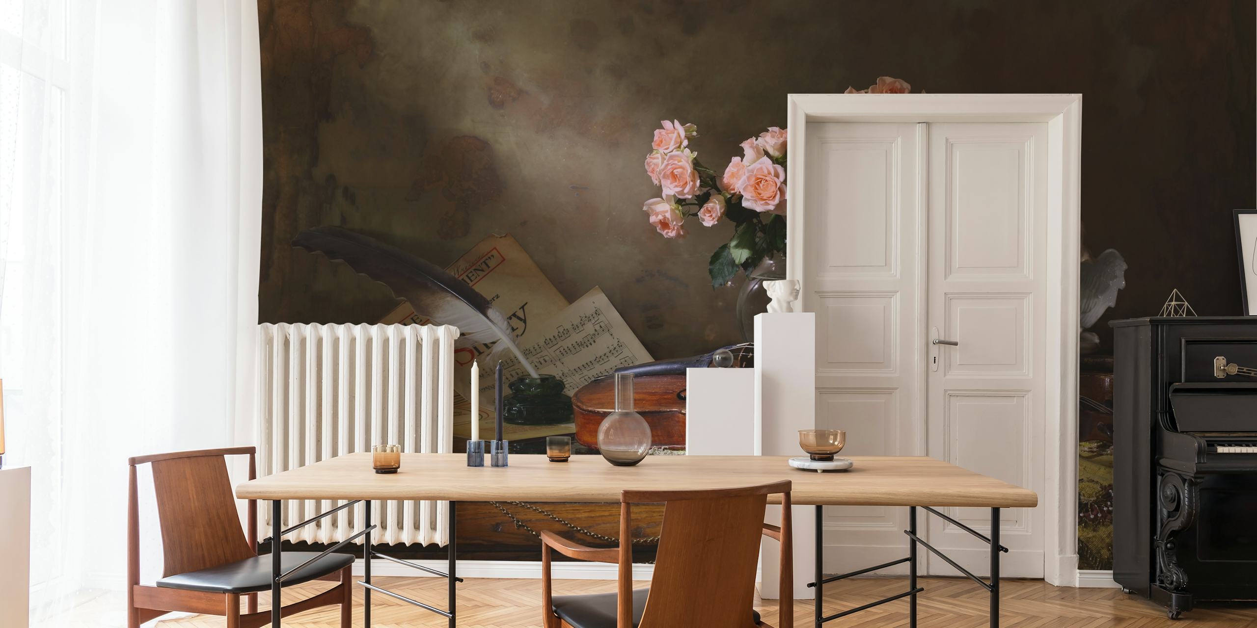 Still life wall mural featuring a violin and roses with a vintage feel